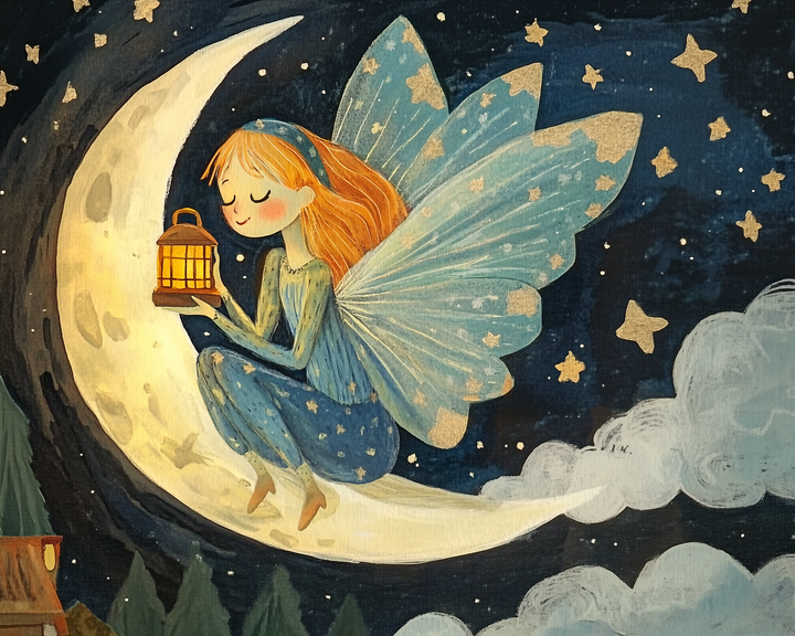 A whimsical fairy with flowing red hair and shimmering blue wings covered in golden stars sits peacefully on a glowing crescent moon. She gently holds a warm lantern against a dreamy night sky filled with stars and soft clouds.