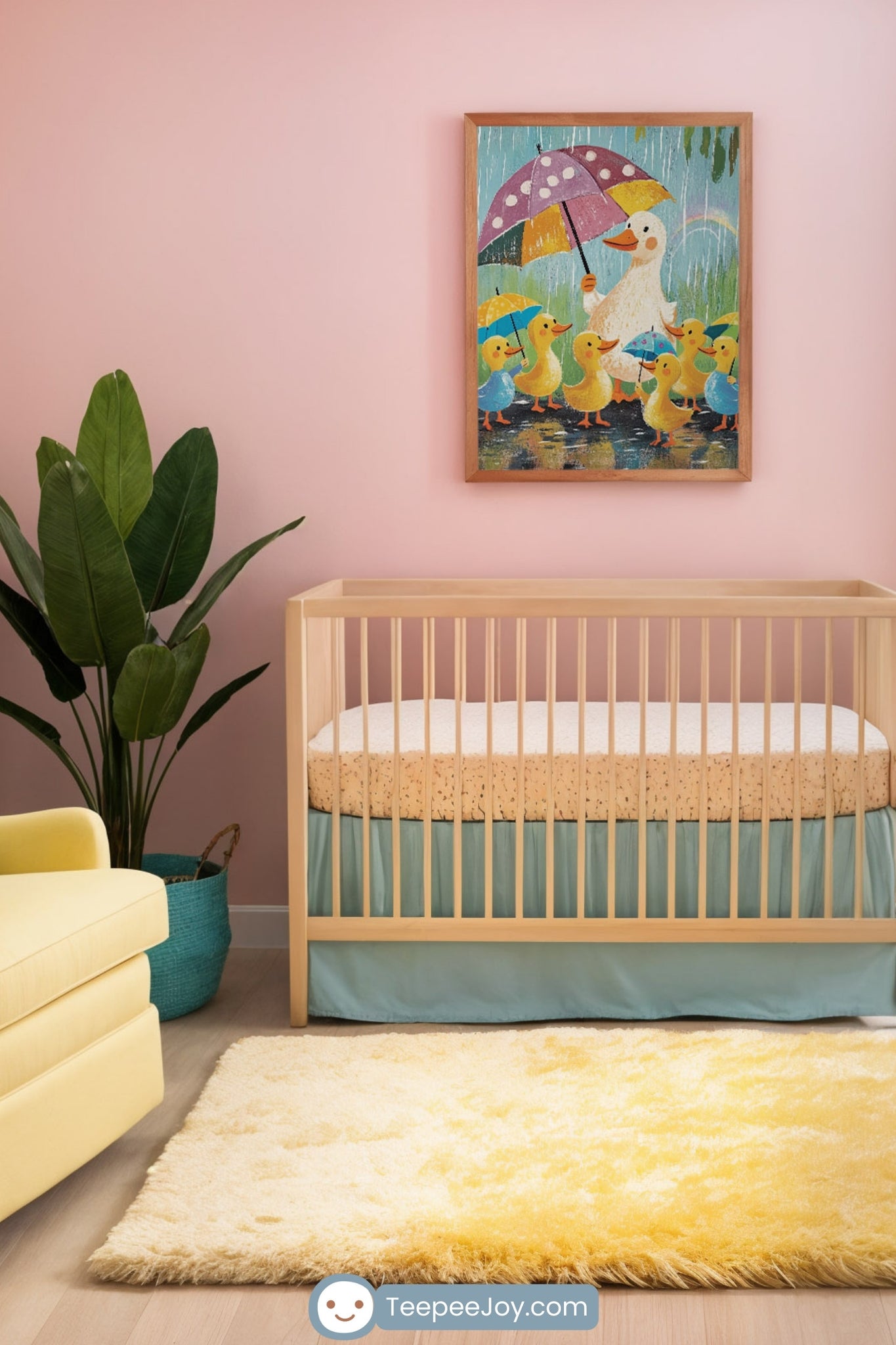 This nursery features soft pink walls and pastel accents, highlighted by a playful artwork of a mother duck leading her ducklings through the rain with colorful umbrellas. The cheerful scene complements the serene yet vibrant decor, creating a cozy and imaginative space perfect for a baby or toddler. The room is complete with light wood furniture, a yellow armchair, and soft yellow and blue accents.