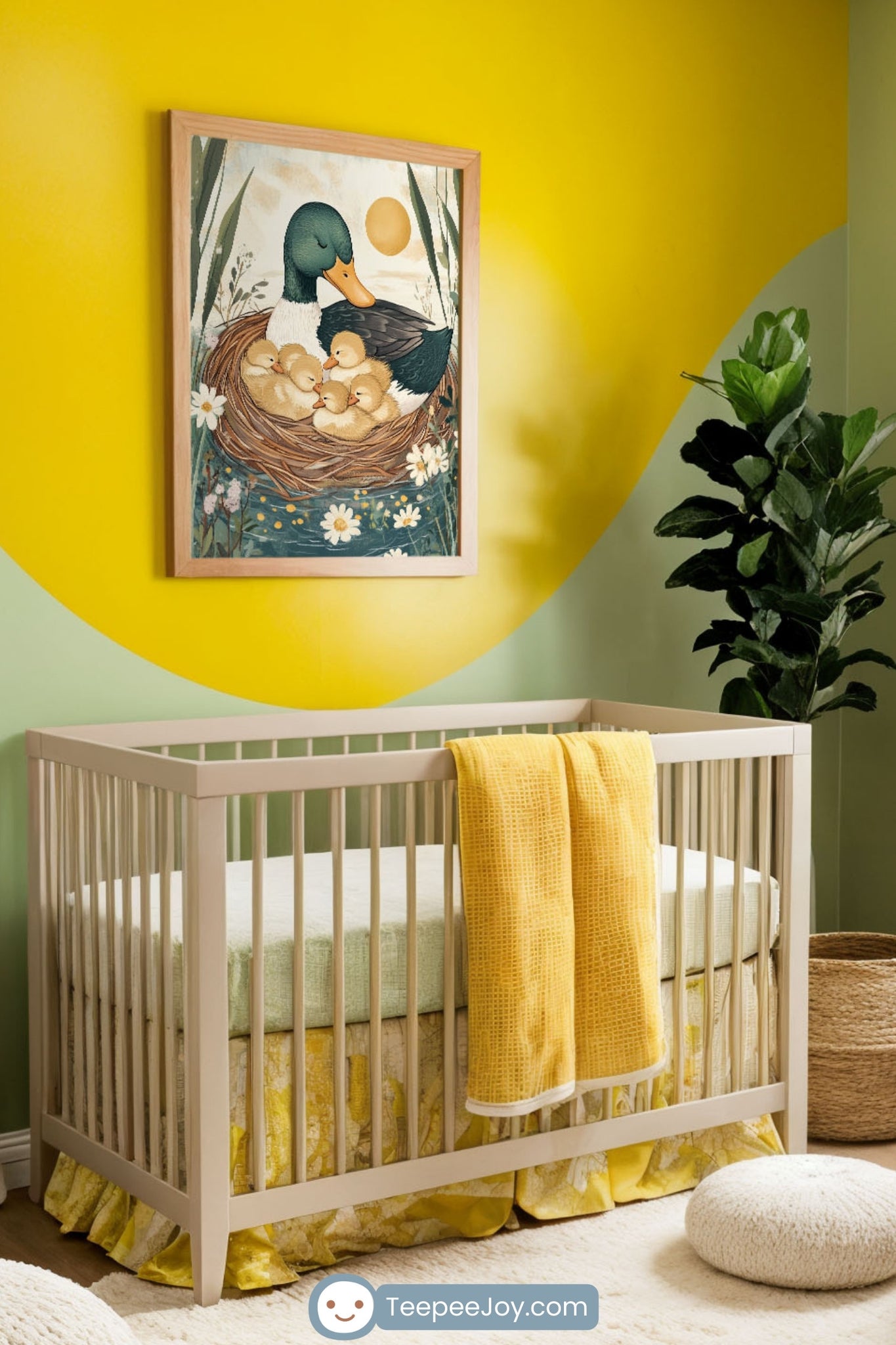 This nursery features a delightful nature-themed decor, highlighted by a wall art piece of a mother duck tenderly nestled with her ducklings in a cozy nest. The artwork's soft, earthy tones harmonize with the bright yellow and green accent wall, creating a cheerful yet calming space. Natural wood furniture, soft textiles, and floral details add warmth and charm to the serene setting.