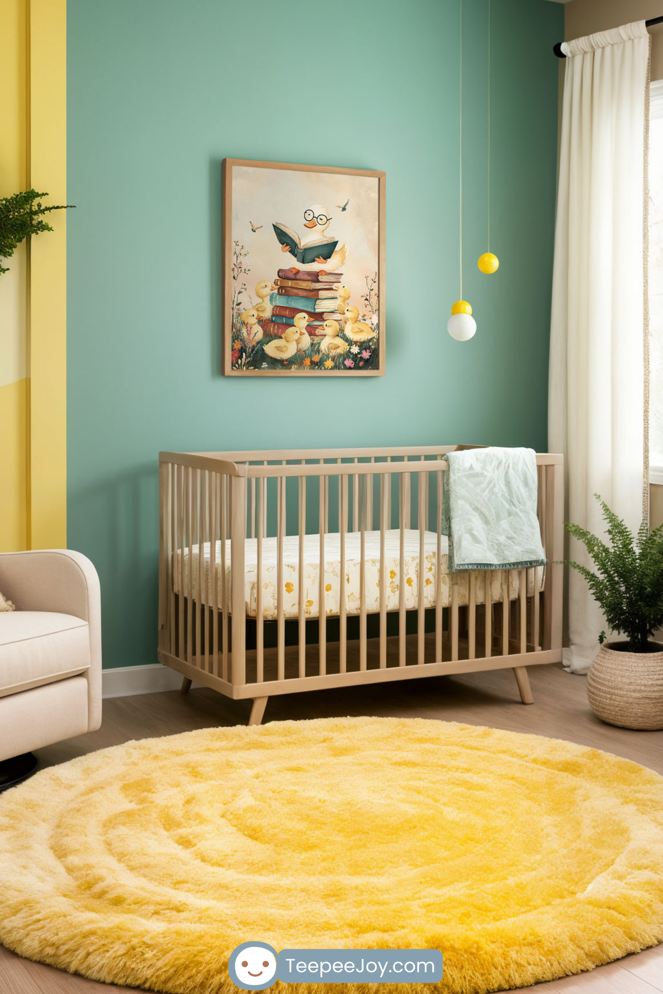 The nursery features a playful yet serene design with a framed illustration of a duck reading to ducklings, perched on colorful books, hanging on a teal and yellow accent wall. The room includes a cozy crib with light bedding, a plush yellow circular rug, and a soft beige armchair for a relaxing atmosphere. Natural elements like a fern wall decoration and potted plants complement the space, creating a bright and inviting environment for a child.
