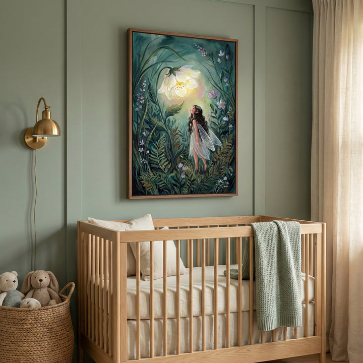 A softly styled nursery with sage green paneled walls, featuring a wooden crib beneath a framed watercolor artwork of a fairy gazing up at a glowing white flower in an enchanted forest. Warm natural light filters through sheer curtains, with a brass wall lamp, woven basket of plush toys, and a knitted green blanket adding a calm, cozy atmosphere.
