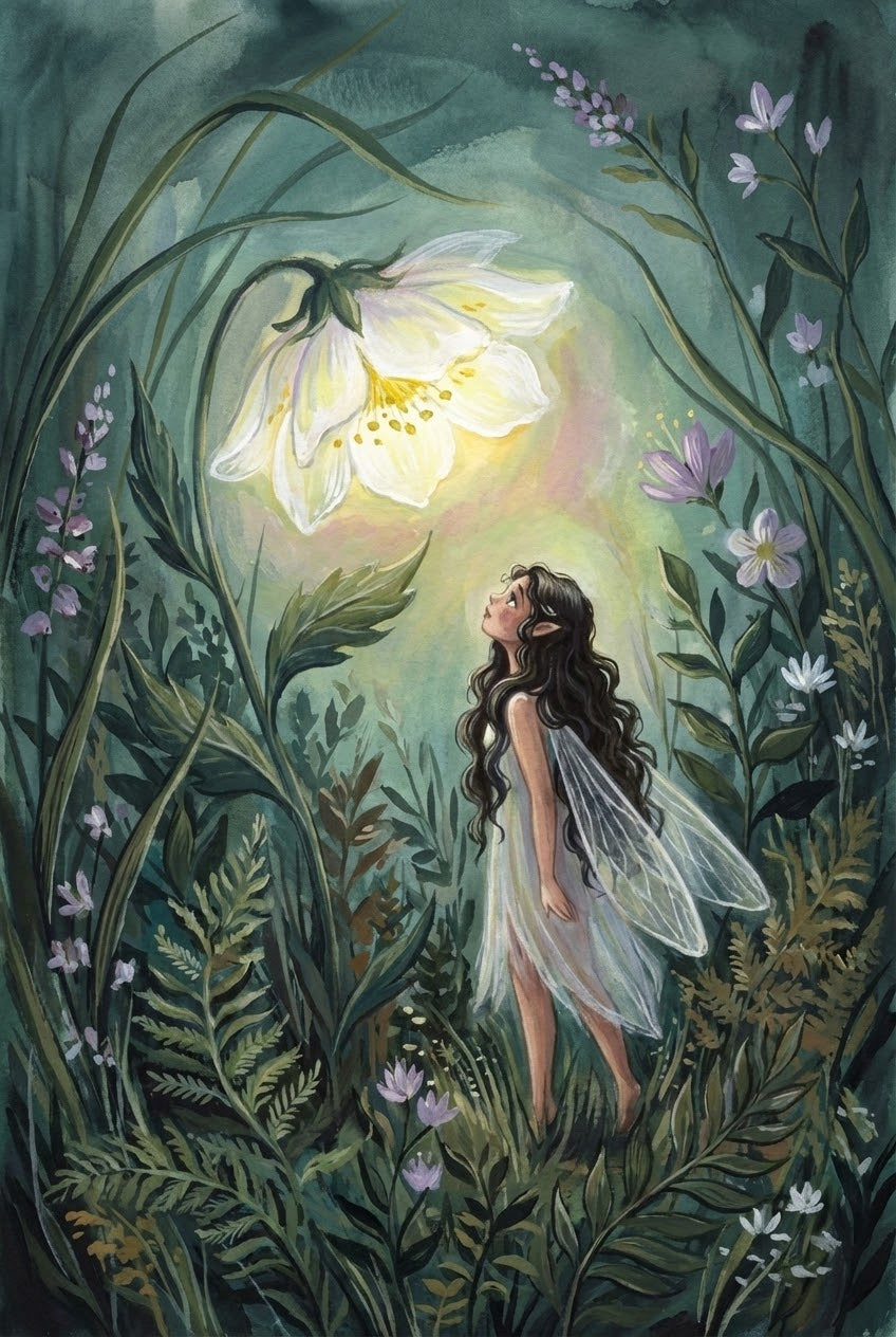 Whimsical watercolor illustration of an enchanted fairy with long flowing dark hair and translucent wings, standing barefoot in a lush forest. She gazes up in awe at a large glowing white flower that lights up the surrounding greenery. The scene is filled with tall grass, ferns, and delicate purple and white blossoms, evoking a magical, twilight atmosphere.
