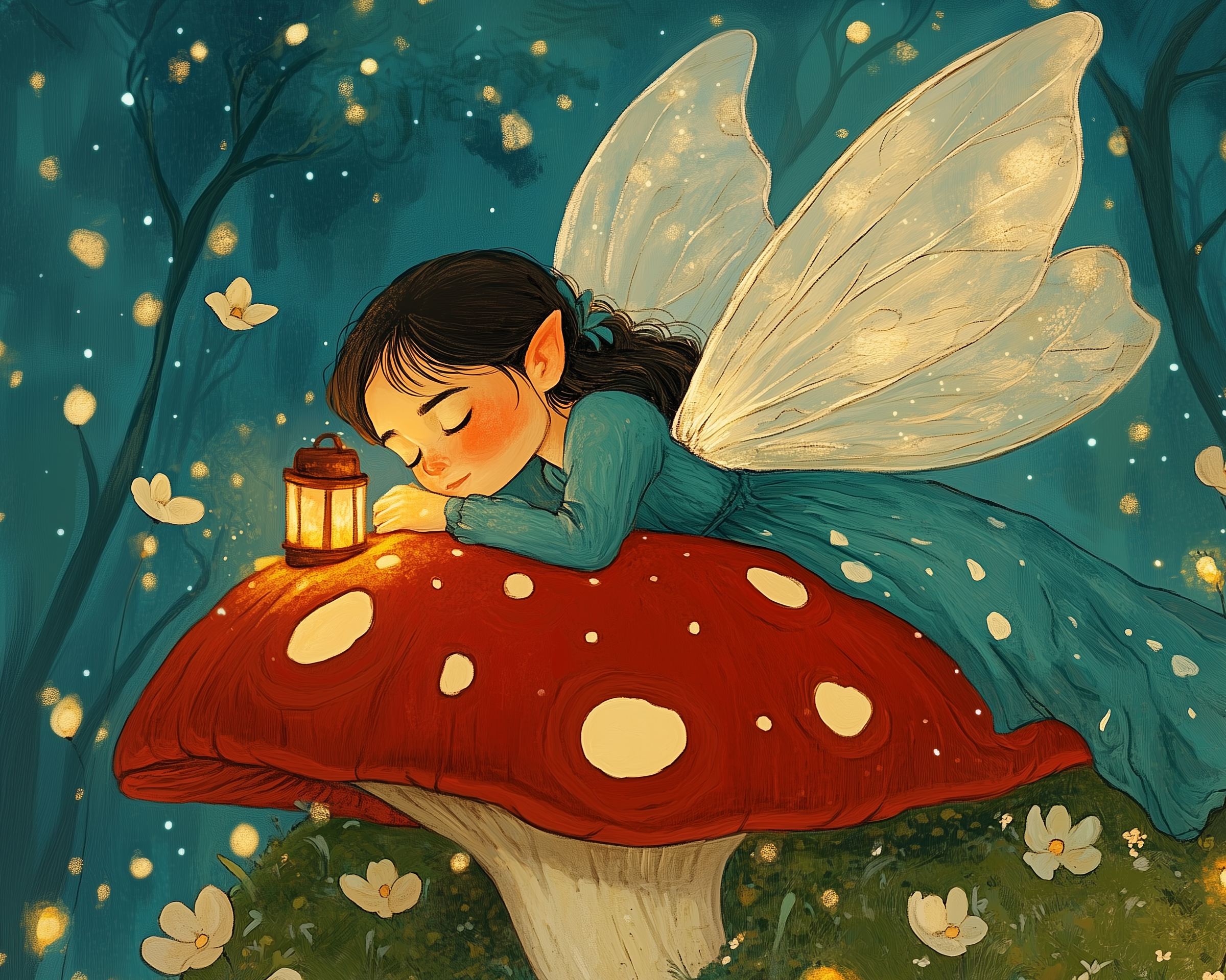 Fairy with glowing wings and a teal dress sleeps on a large red-and-white toadstool, resting beside a softly lit lantern. The nighttime forest scene is filled with floating lights and delicate white flowers, creating a peaceful, magical atmosphere.
