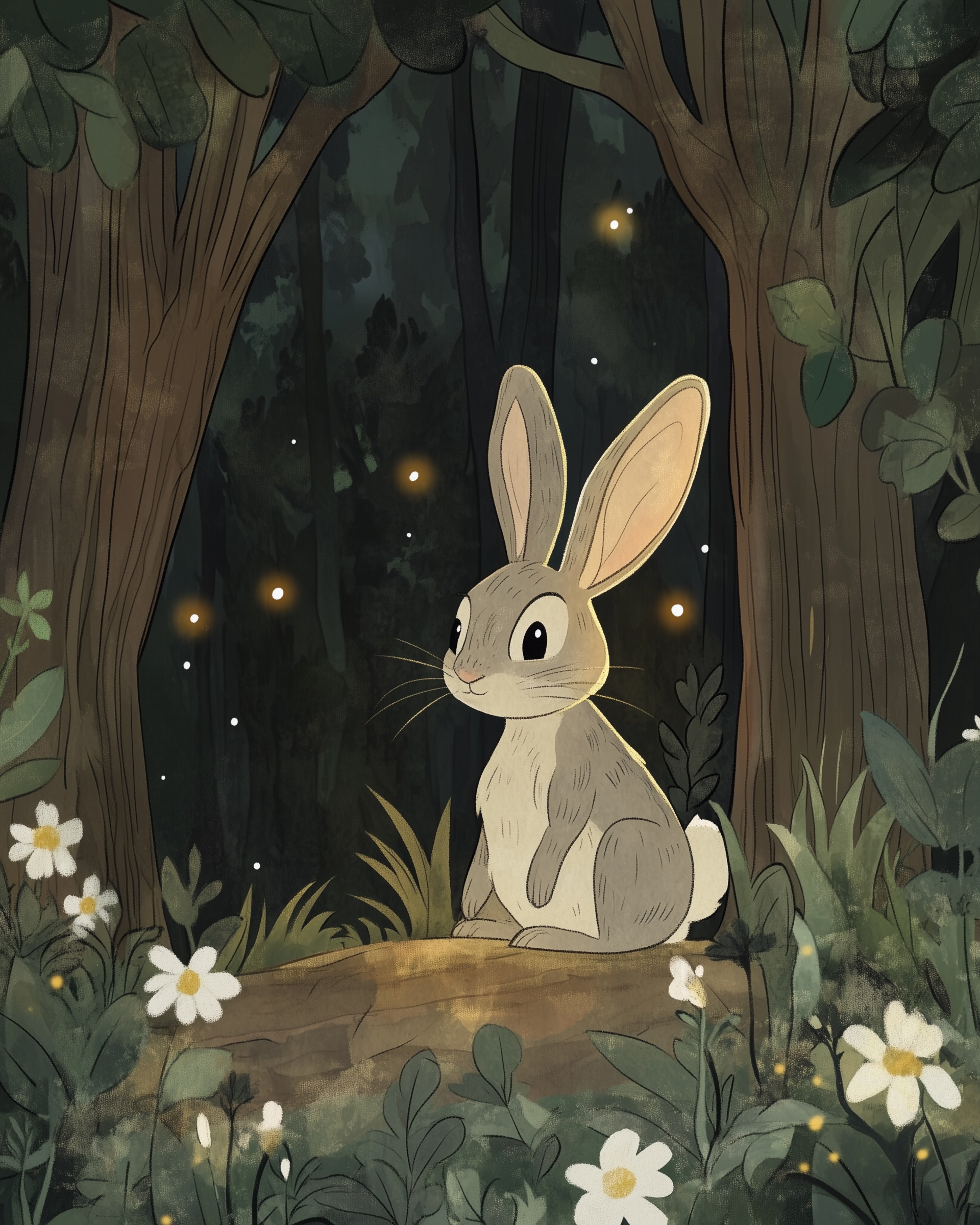 Sweet illustration of a small gray bunny sitting on a mossy log in a flower-dotted forest, surrounded by glowing fireflies and tall trees in the moonlight