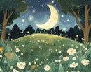 Magical illustration of a crescent moon glowing brightly above a hill blanketed in white and yellow wildflowers, surrounded by trees and twinkling stars.