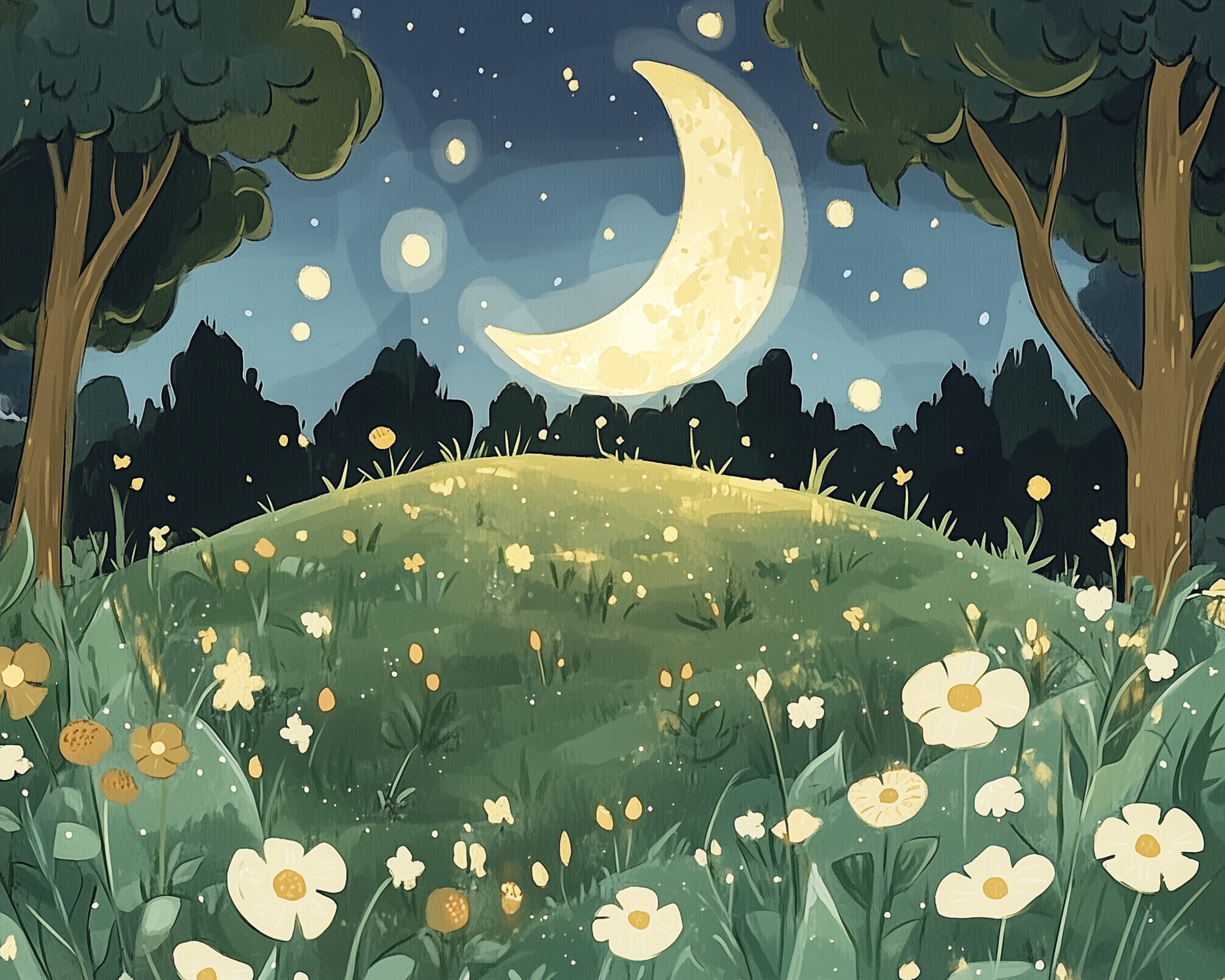 Moonlit Hill Flower Wall Art for Nursery, Playroom or Kids Bedrooms - Whimsical Nighttime Meadow - Evening Whispers