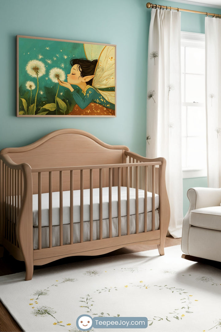 This image shows a beautifully decorated nursery in a soft teal and natural wood theme. The room includes a light wood crib, a white armchair with a mustard-yellow blanket, and a matching dresser. Dandelion-themed curtains, a floral mobile, and a whimsical framed artwork of a fairy blowing dandelions enhance the room's magical and serene atmosphere.