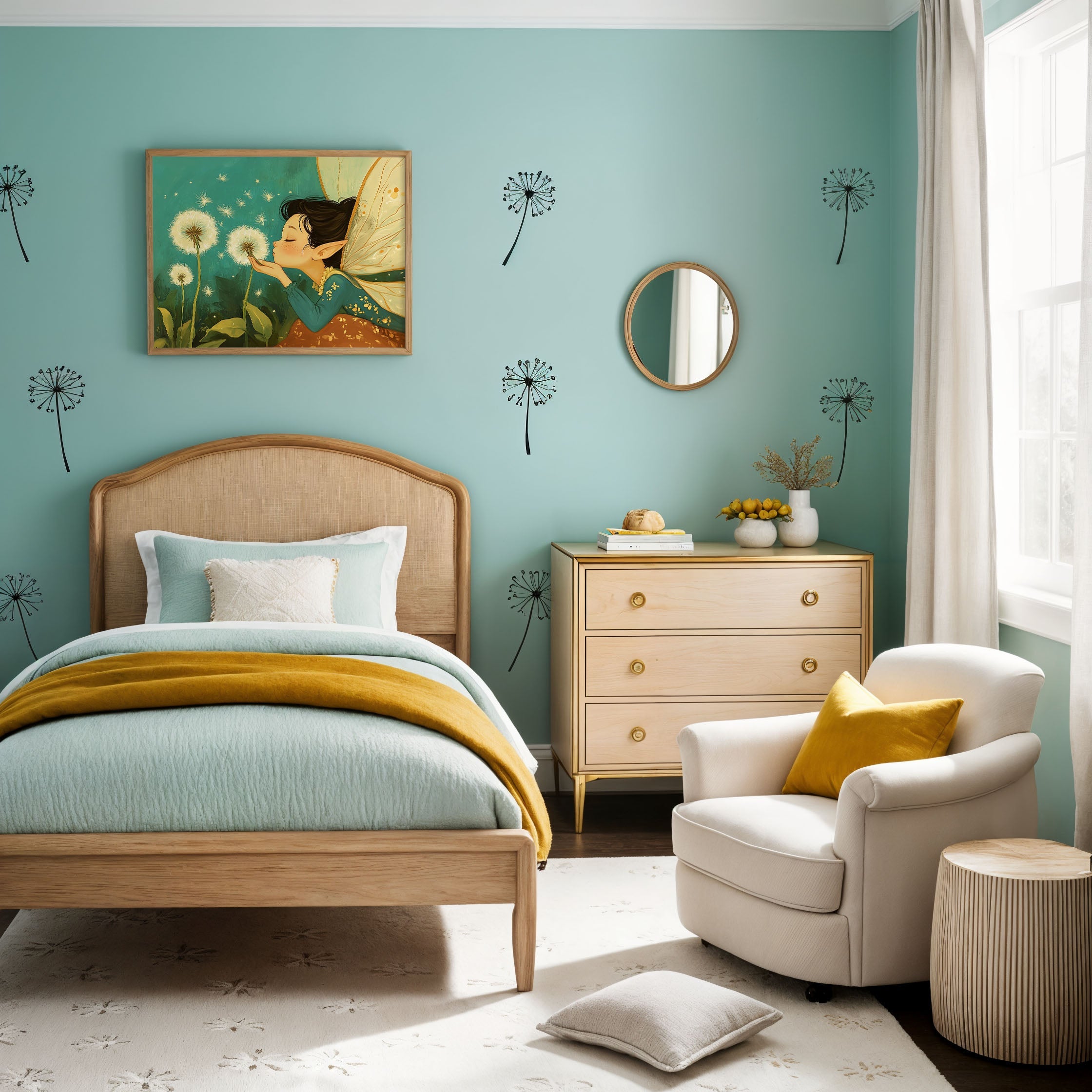 This image showcases a charming children's bedroom with a soft teal color palette and natural wood furniture. The room features a bed with a rattan headboard, a matching dresser, and a cozy armchair with a mustard-yellow pillow. Decorative elements include dandelion decals on the walls and a whimsical framed artwork of a fairy blowing dandelions, adding a magical touch to the space.