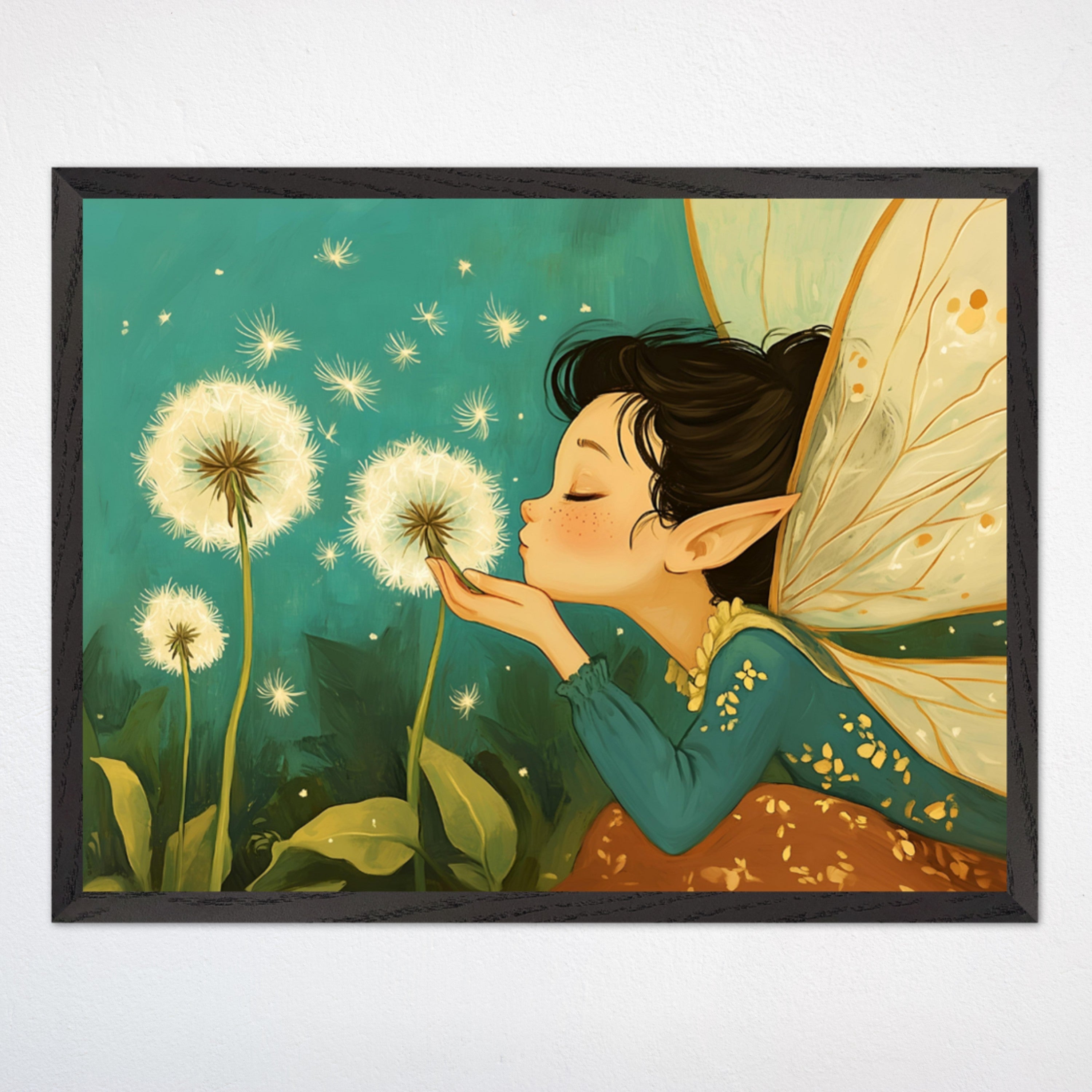 This image shows a framed illustration of a whimsical fairy with delicate wings and pointed ears, dressed in a teal outfit with golden accents. The fairy is blowing on dandelions, sending their glowing seeds floating into the teal background, creating a magical and enchanting atmosphere.