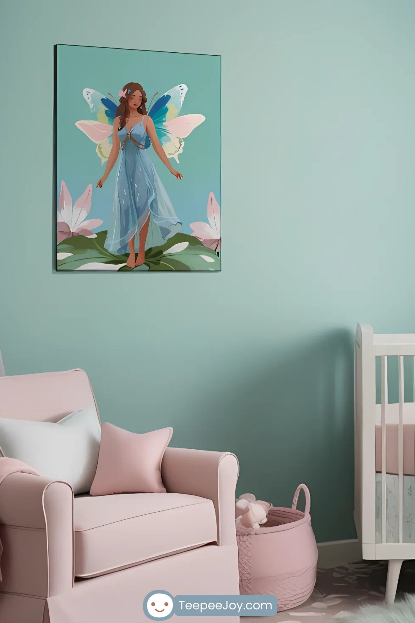 This image features a serene and whimsical nursery with mint green walls and soft pink accents. A white crib is adorned with pastel blankets and positioned beneath a framed artwork of a fairy with vibrant wings standing among flowers. The room includes a plush pink armchair, delicate pink curtains, a butterfly mobile, and a soft mint green faux fur rug, creating a dreamy and enchanting atmosphere.