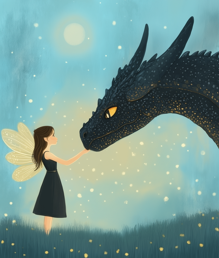 Skybound Spirits Fairy and Dragon Wall Art - Whimsical Moonlit Fantasy Decor - Fairy Meet - For Nursery, Playroom or Kids Bedrooms