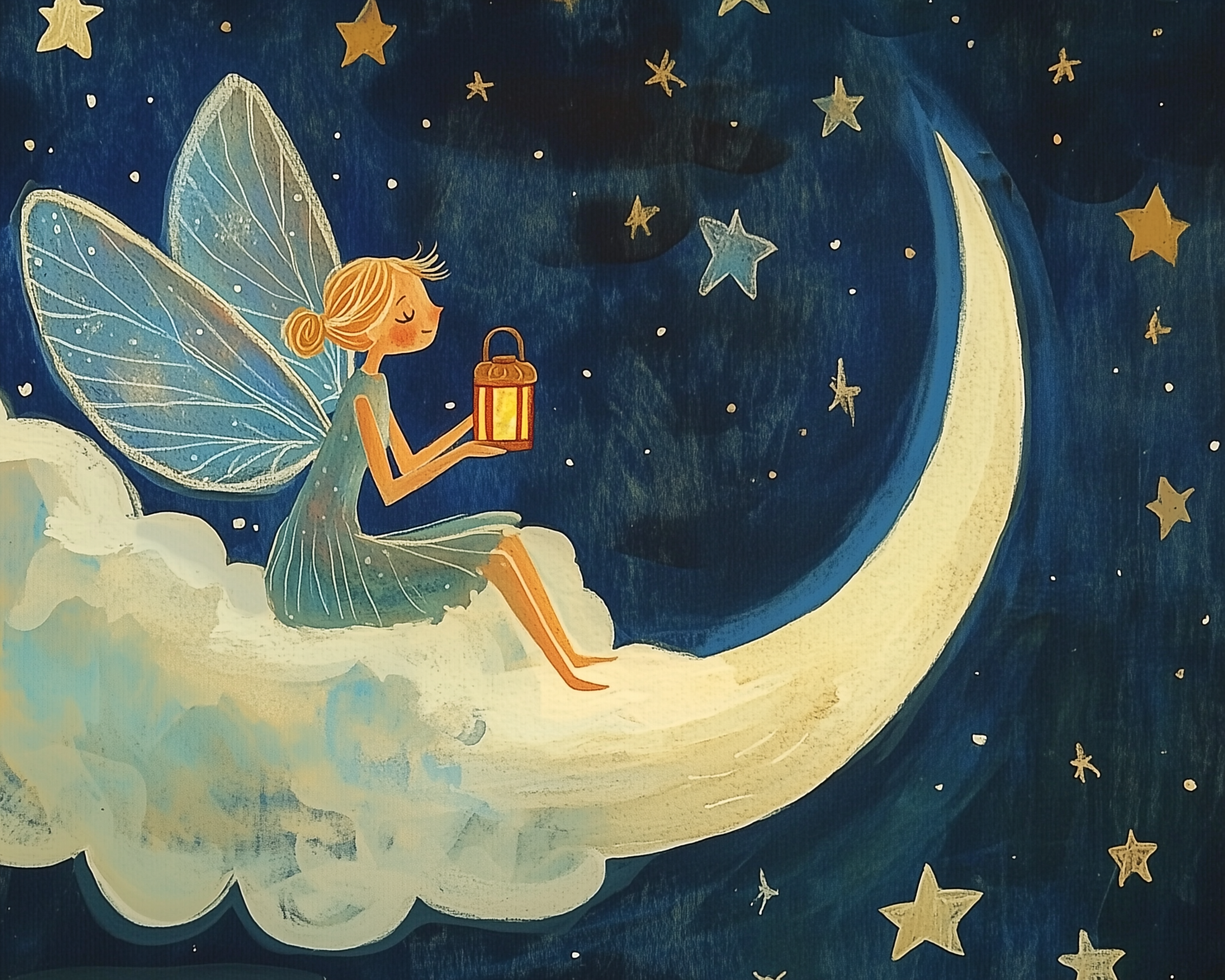 A graceful fairy with delicate blue wings and a short blonde bun sits on a fluffy cloud, holding a softly glowing lantern. She gazes quietly into the night sky, which is filled with golden stars and a glowing crescent moon.