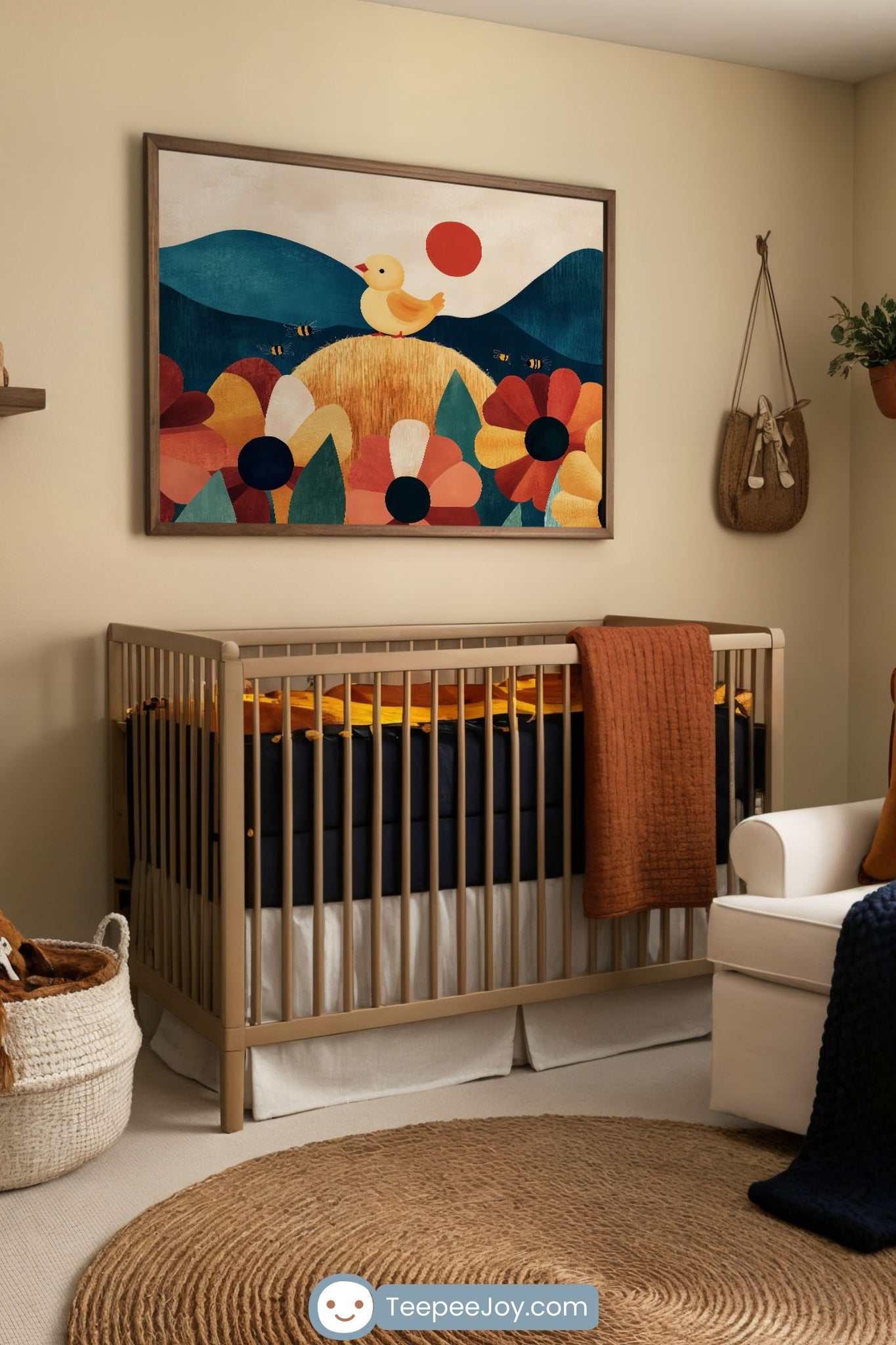 A warm and earthy nursery featuring a neutral-toned crib with burnt orange and navy bedding. Above the crib hangs a framed whimsical illustration of a baby chick on a haystack, surrounded by colorful flowers and bees. A cozy white armchair with a rust-colored pillow and navy knit throw sits near a window with flowing cream curtains. Natural textures like woven baskets, wood furniture, and a round jute rug complete the inviting space.