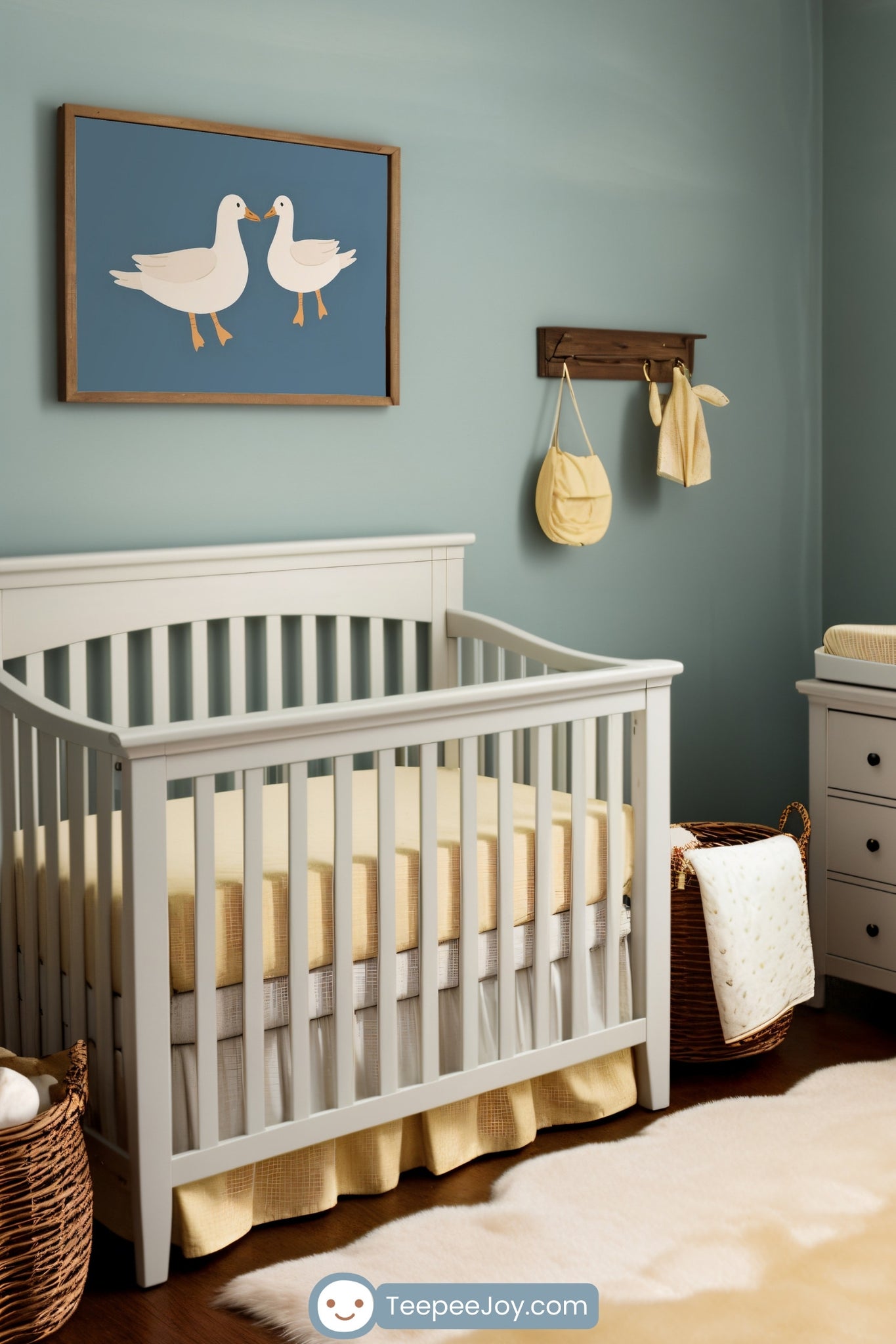 A cozy nursery with muted blue-green walls, featuring a framed illustration of two white ducks on a blue background above a white crib with yellow bedding. The room includes a white dresser with a yellow changing pad, a cream armchair, wicker baskets, and a soft cream rug, creating a serene and elegant atmosphere.