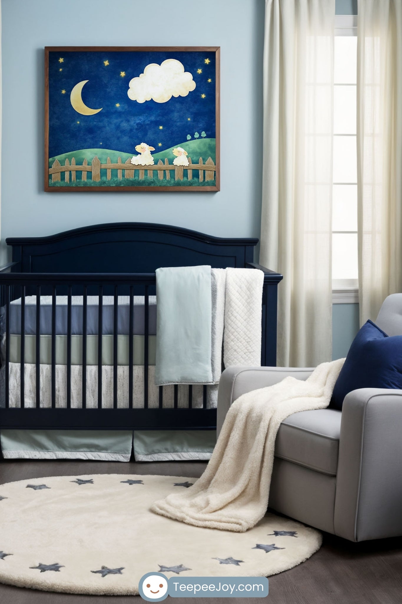 Serene nursery with soft blue walls, featuring a navy blue crib, a cozy gray armchair with a plush cream throw, and a wooden dresser with a changing pad. Above the crib, a framed nighttime-themed artwork of sheep resting under a crescent moon and starry sky adds a dreamy touch. The room is decorated with warm cream curtains, glowing star and moon wall lights, and celestial-themed accents, creating a peaceful bedtime atmosphere.