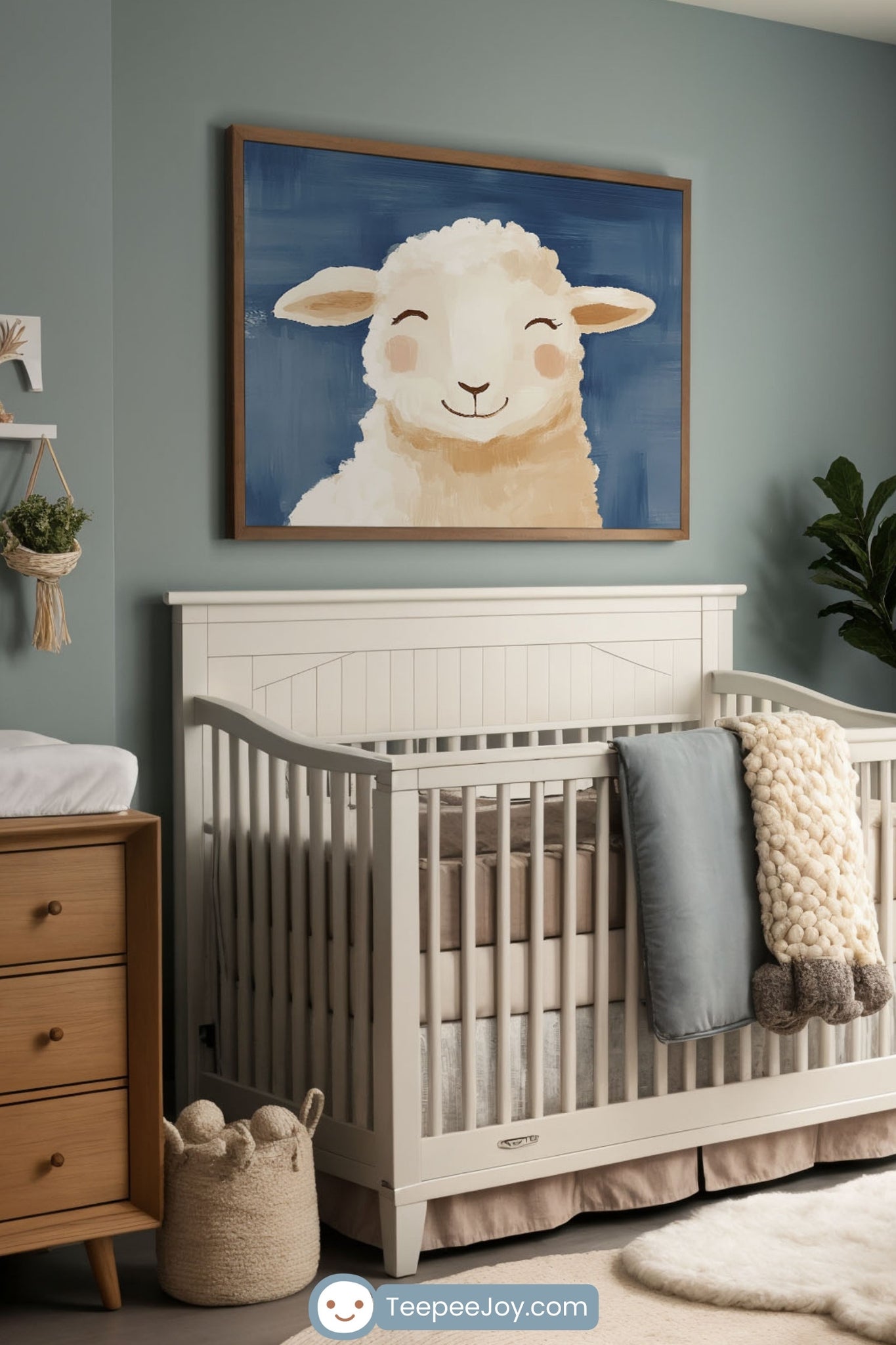 Serene nursery featuring a white crib, a beige armchair, and a wooden dresser, all set against a muted blue wall. A framed painting of a smiling sheep with rosy cheeks hangs above the crib, adding a playful touch to the cozy space. Soft textiles, including chunky knit blankets, a round woven rug, and sheer curtains, enhance the warm and inviting atmosphere.