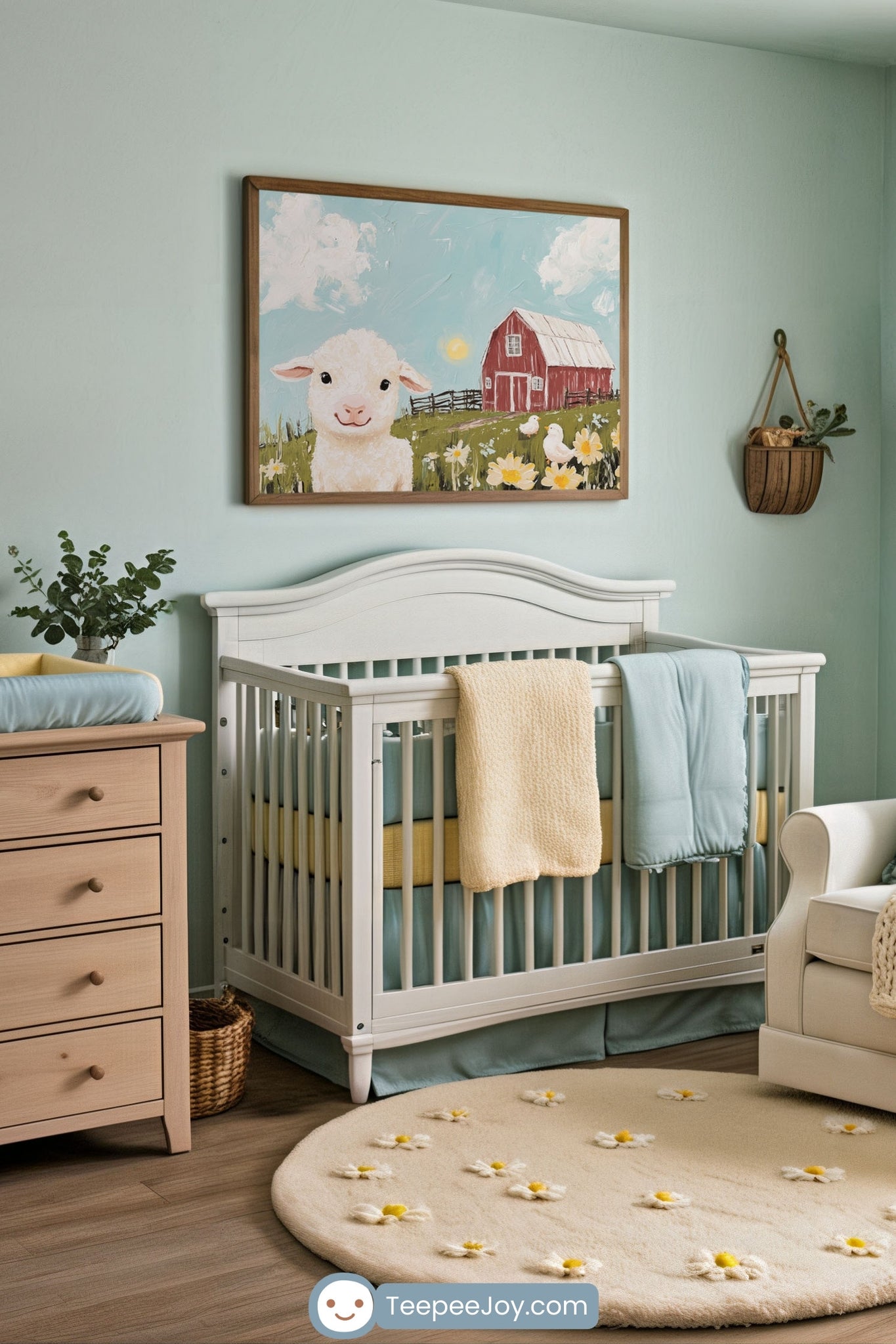 A cozy, farm-themed nursery with soft pastel colors. A white crib with blue and yellow bedding is against a light blue wall, adorned with a framed painting of a smiling lamb in a field with a red barn in the background. A beige daisy-patterned rug adds warmth to the wooden floor, and natural elements like a wooden dresser, woven basket, and hanging plant complete the rustic charm.
