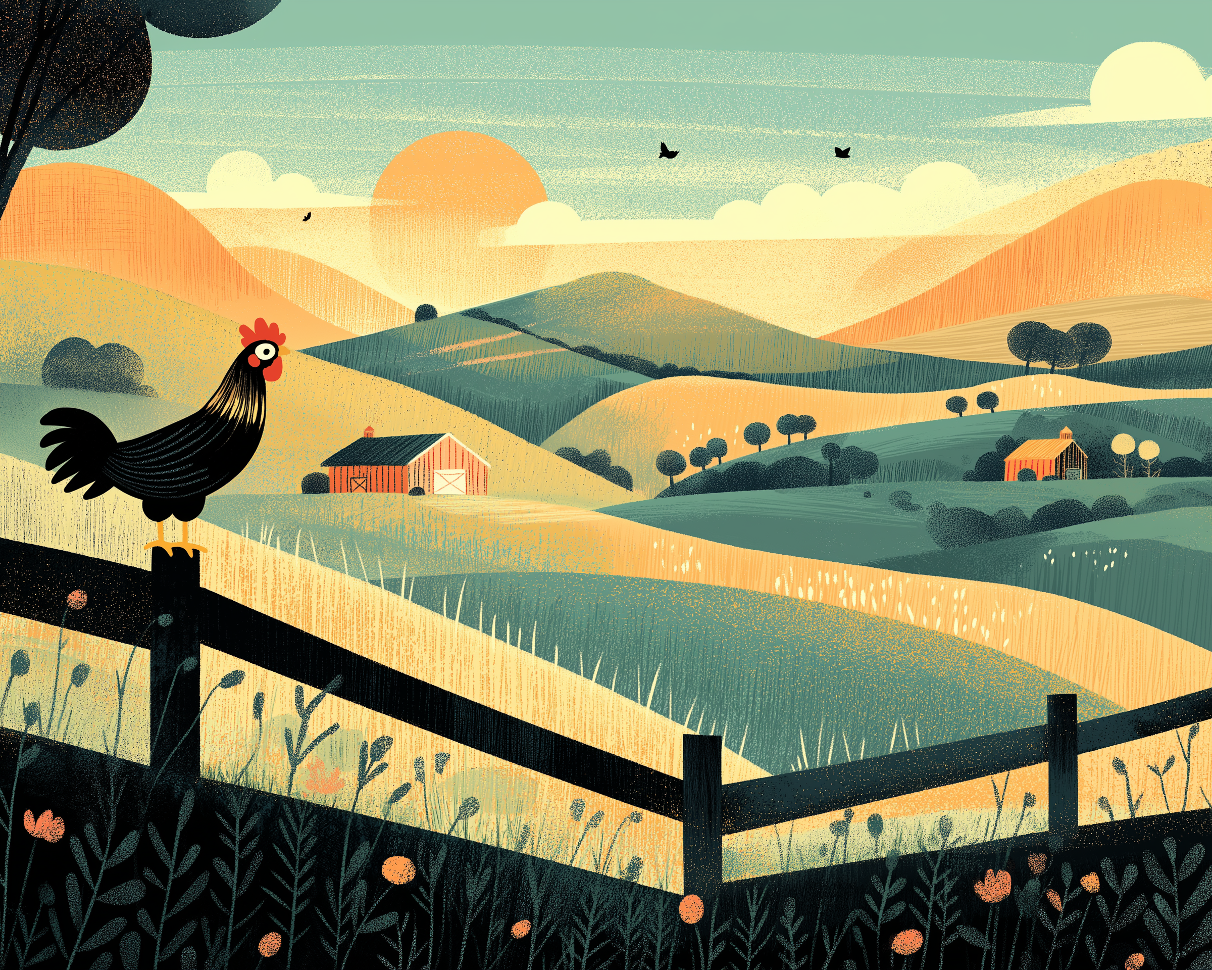 Farm Sunrise Wall Art for Nursery, Playroom or Kids Bedrooms - Charming Rooster on Fence, Countryside Landscape in Warm Tones - Countryside Chorus