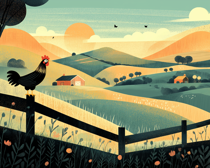 A stylized farm landscape at sunrise with golden rolling hills, distant barns, and scattered trees. A black rooster perches on a wooden fence in the foreground, overlooking fields bathed in warm morning light and dotted with flowers.