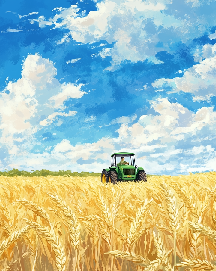 A green tractor drives through a golden wheat field under a vivid blue sky filled with fluffy white clouds. The wide landscape and towering crops highlight the scale of the farmland and the bright, sunny day.