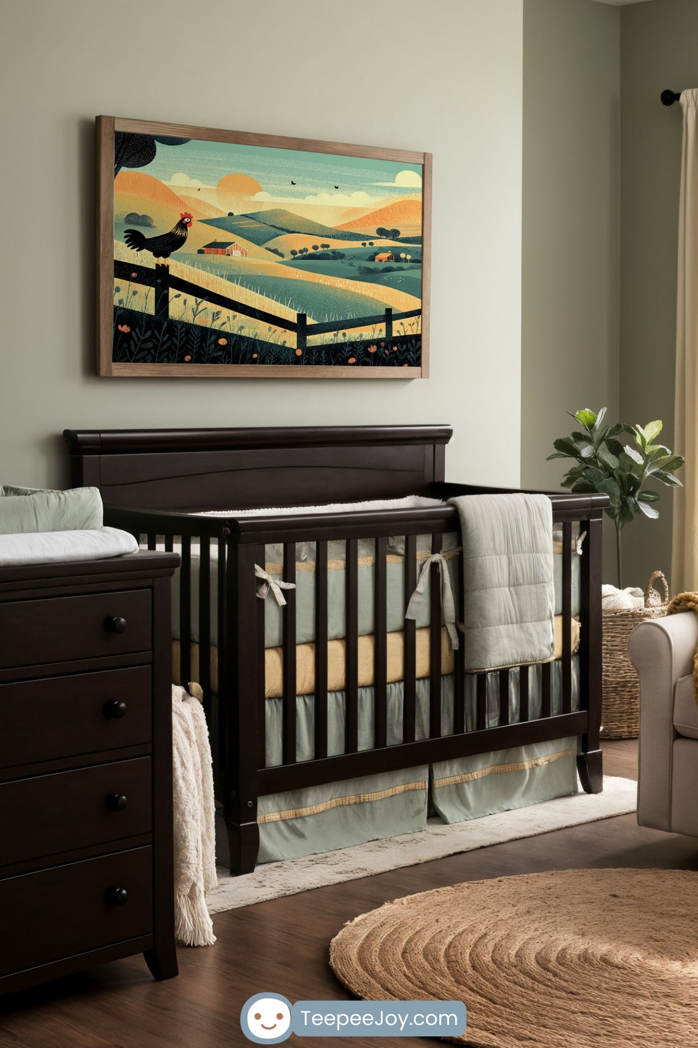Cozy farm-inspired nursery with sage green walls and warm, earthy tones. A dark wood crib with soft green and gold bedding sits beneath a framed countryside illustration featuring rolling hills and a rooster on a fence. A plush white armchair with mustard yellow accents is placed near a window with flowing cream curtains, while woven baskets and rustic decor complete the charming, nature-inspired space.