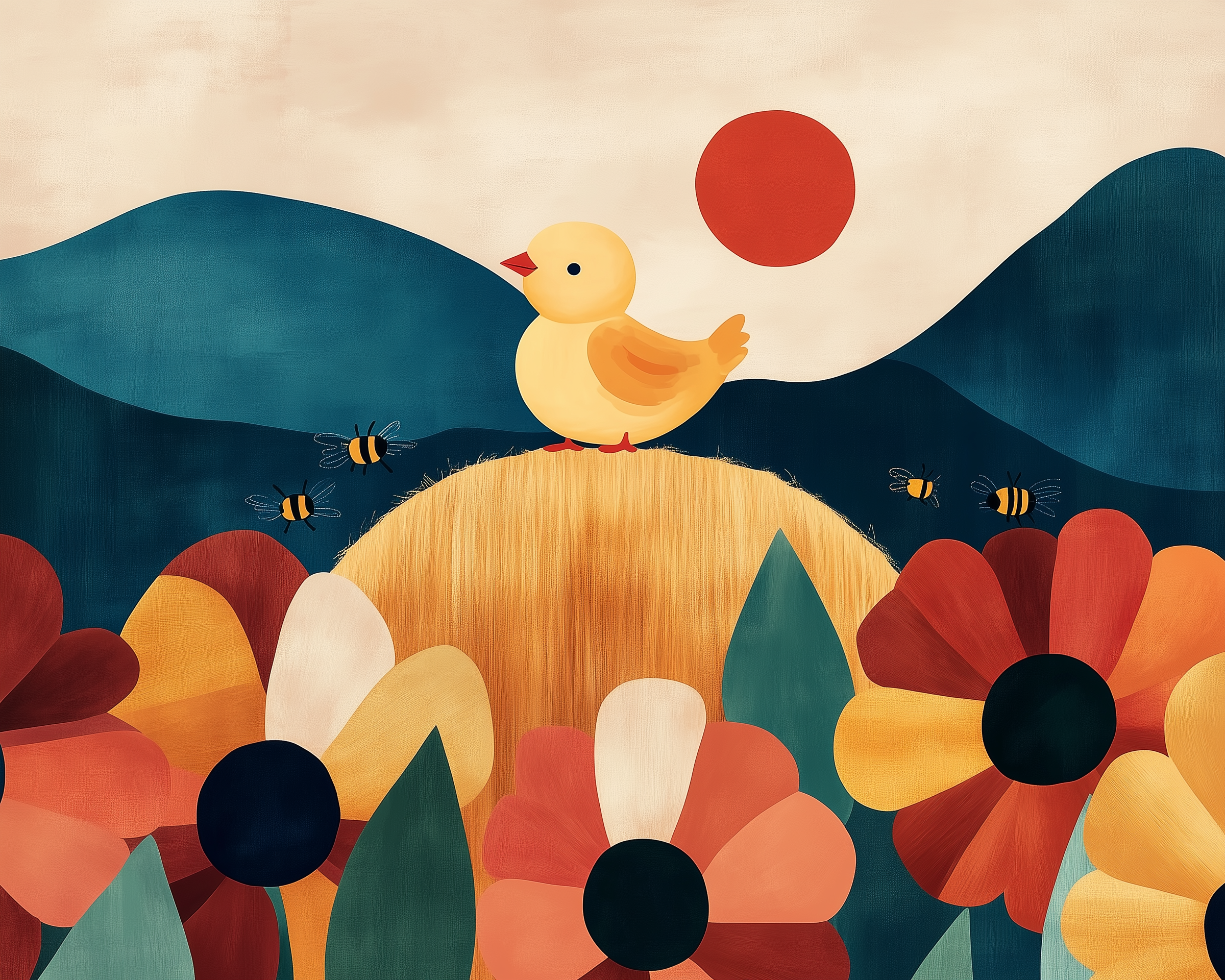 A bright yellow chick stands on a haystack surrounded by oversized red, orange, and cream flowers, while bees buzz nearby under a red sun and deep blue mountains. The playful, stylized design gives the scene a cheerful, storybook feel.