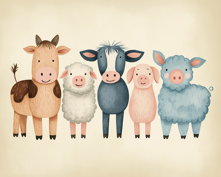 A lineup of five adorable cartoon farm animals: horse, sheep, cow, pig, and a fluffy blue sheep standing side by side against a light beige background. Each animal has a cheerful expression and a stylized, textured design that adds charm and personality.