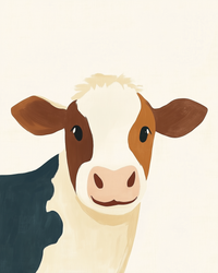 A cute, minimalist illustration of a cow with a white face, pink nose, and brown ears, looking forward with a friendly expression. The background is plain cream, keeping focus on the cow’s simple and charming design.