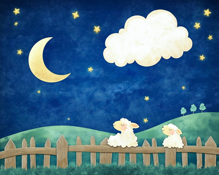 A whimsical nighttime scene with two fluffy sheep jumping over a wooden fence under a starry sky. A glowing crescent moon, bright yellow stars, and a puffy white cloud float above rolling green hills, creating a peaceful bedtime atmosphere.