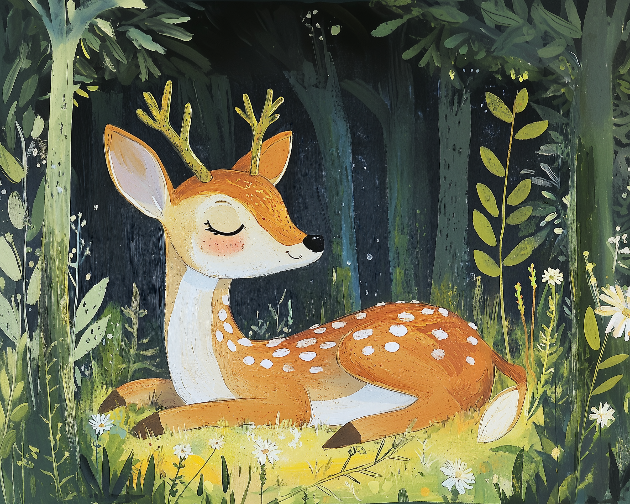 A peaceful young deer with small antlers and white spots on its back lies contentedly in a sunlit forest clearing. Surrounded by tall trees, green foliage, and blooming daisies, the scene feels serene and gently magical.
