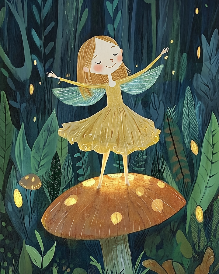 A joyful fairy in a golden dress with translucent wings stands with arms wide open on top of a glowing red mushroom in a lush nighttime forest. Surrounded by fireflies and oversized leaves, the scene feels magical and full of wonder.