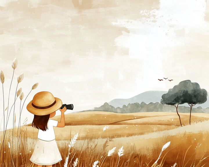 A girl in a white dress and sun hat looks through binoculars across a golden field toward distant hills and flying birds, with tall grasses swaying around her.