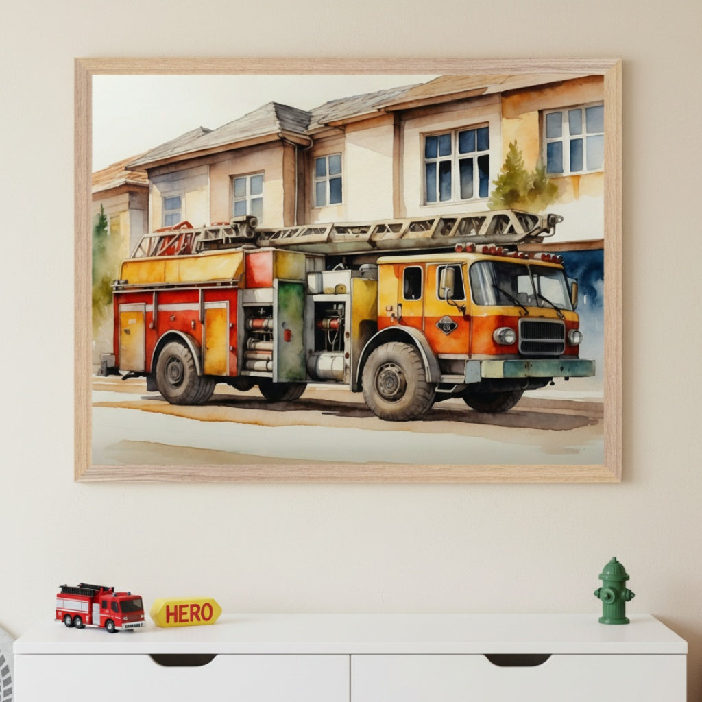 Kid's room with a white dresser. A large framed watercolor print of a red and yellow fire truck in front of buildings hangs centered above the dresser. A toy fire truck, a yellow 'HERO' sign, and a green fire hydrant model are on the dresser.