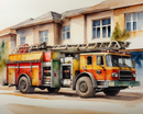 A vibrant watercolor painting depicts a red and yellow fire truck with an extended ladder parked in front of a residential building. The truck is detailed with various compartments and equipment, set against the backdrop of a sunny day.