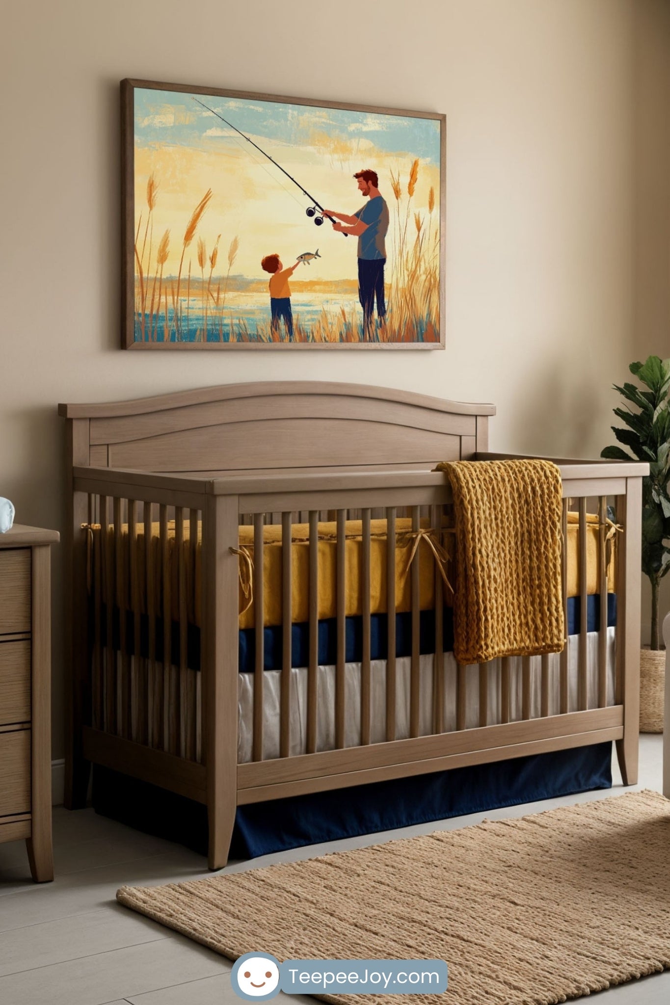 Cozy, modern nursery with neutral tones and mustard-yellow accents. A wooden crib with a mustard-colored knitted blanket draped over the side sits against the wall, beneath a framed digital painting of a father and child fishing at sunset. A plush white armchair with a navy throw pillow and matching mustard blanket sits near a window with cream-colored curtains, letting in natural light. A wooden dresser with a changing pad and a shelf with children's books add warmth to the space.