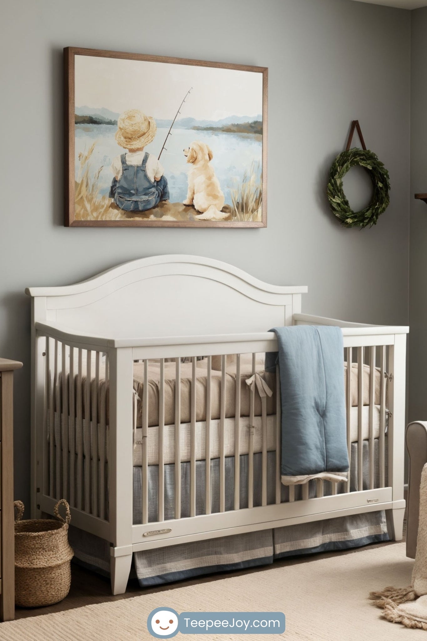 A cozy nursery with soft gray walls, featuring a framed painting of a child fishing with a golden retriever puppy above a white crib. The room is decorated with a wooden dresser, a plush armchair with a blue pillow and cream knit throw, and natural woven baskets. A shelf with adventure-themed decor, a wreath, and neutral-toned bedding complete the rustic and serene aesthetic.