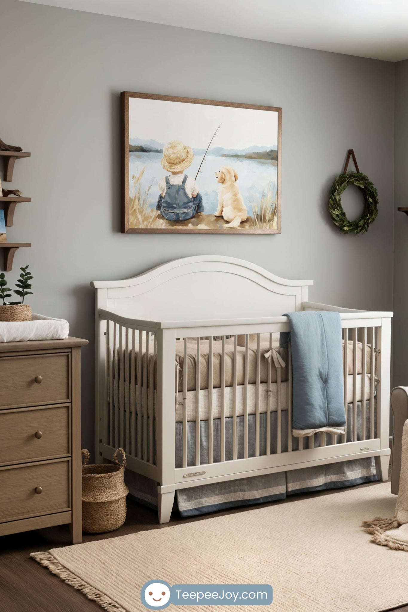 A cozy nursery with soft gray walls, featuring a framed painting of a child fishing with a golden retriever puppy above a white crib. The room is decorated with a wooden dresser, a plush armchair with a blue pillow and cream knit throw, and natural woven baskets. A shelf with adventure-themed decor, a wreath, and neutral-toned bedding complete the rustic and serene aesthetic.