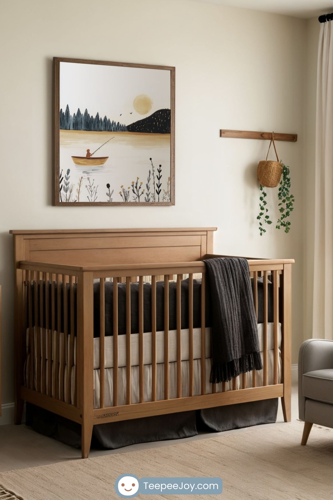 Tranquil and nature-inspired nursery featuring a wooden crib with neutral-toned bedding, a matching dresser, and a soft gray armchair with a mustard yellow pillow. Above the crib, a framed watercolor-style illustration of a person fishing in a boat on a calm lake at sunset adds a peaceful touch. The room is styled with warm wood accents, woven baskets, greenery, and a textured beige rug, creating a cozy and minimalist atmosphere.