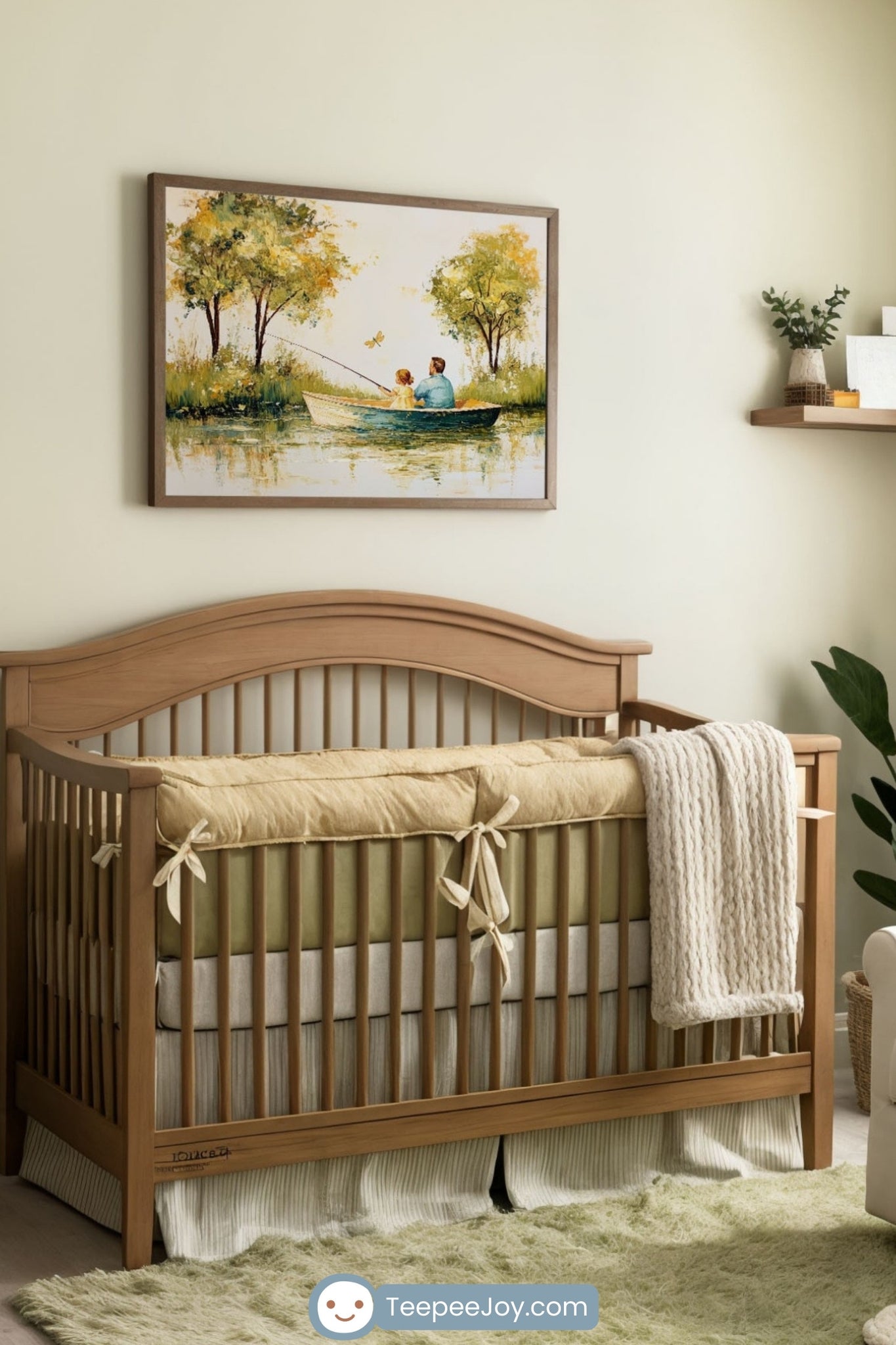 Peaceful nursery with earthy tones, featuring a wooden crib with green and beige bedding, a knit blanket draped over the side, and a soft green shag rug. Above the crib hangs a framed painting of a father and daughter fishing in a boat, surrounded by lush trees, adding a sentimental and nature-inspired touch. The room is styled with a wooden dresser, a cozy white armchair with a knit throw, floating shelves with books and décor, and a potted plant, creating a warm and soothing atmosphere.