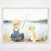 Fishing Buddies Wall Art for Nursery, Playroom or Kids Bedrooms - Charming Boy and Puppy Lakeside Scene - Driftwood Friends