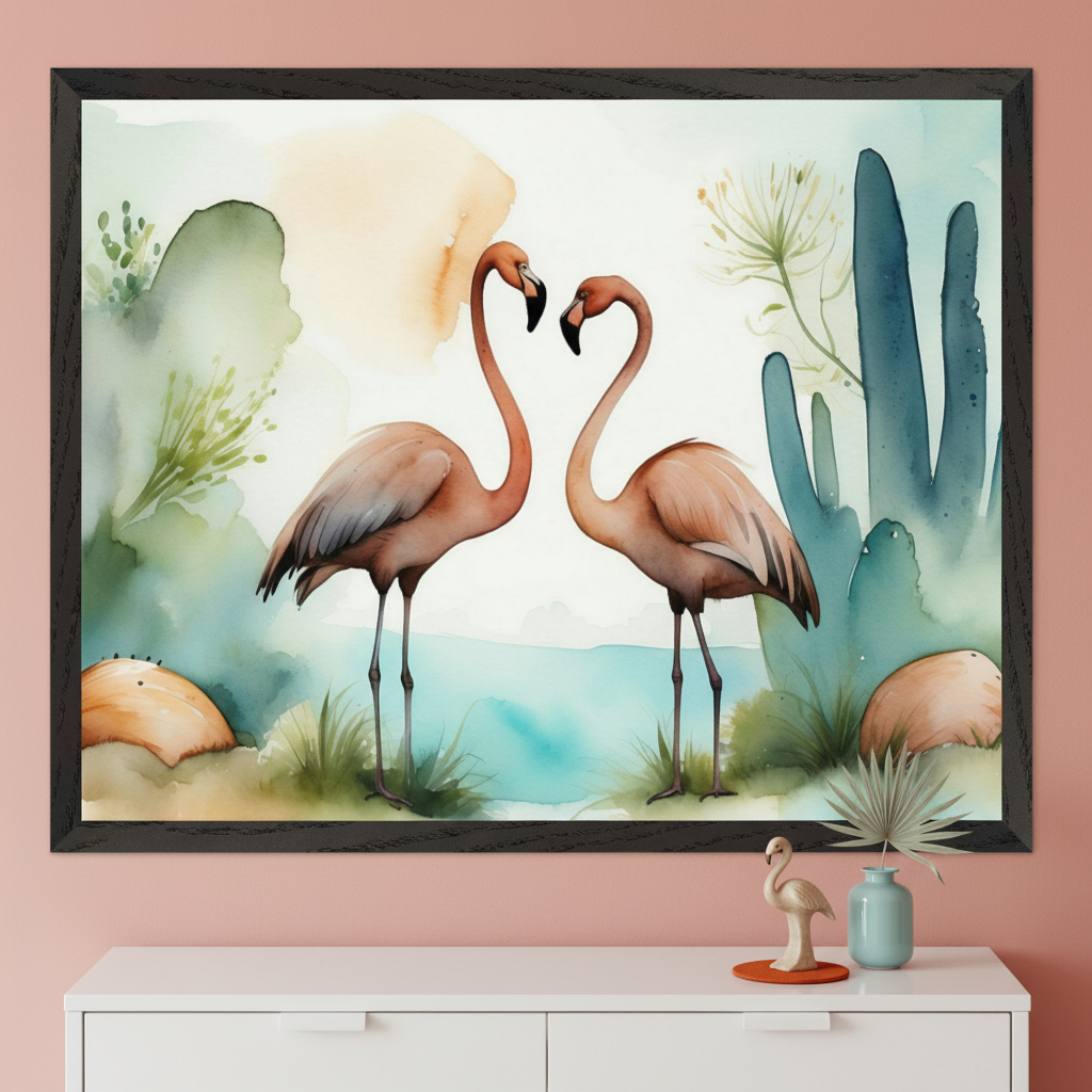 Modern room with a pink wall and white dresser. A large framed watercolor art print, showing two flamingos forming a heart with their necks, hangs centered above the dresser. The artwork features a soft green and blue desert background with cacti. A small gold flamingo figurine and vase sit on the dresser.