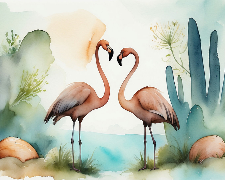 Two flamingos standing in a natural setting with plants and water.