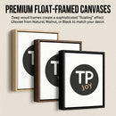 Three float-framed canvas prints featuring the “TP JOY” logo in a black circle, each with a deep wood frame in natural, walnut, or black. The frames create a modern floating effect, designed to add depth and a clean finish to wall decor.