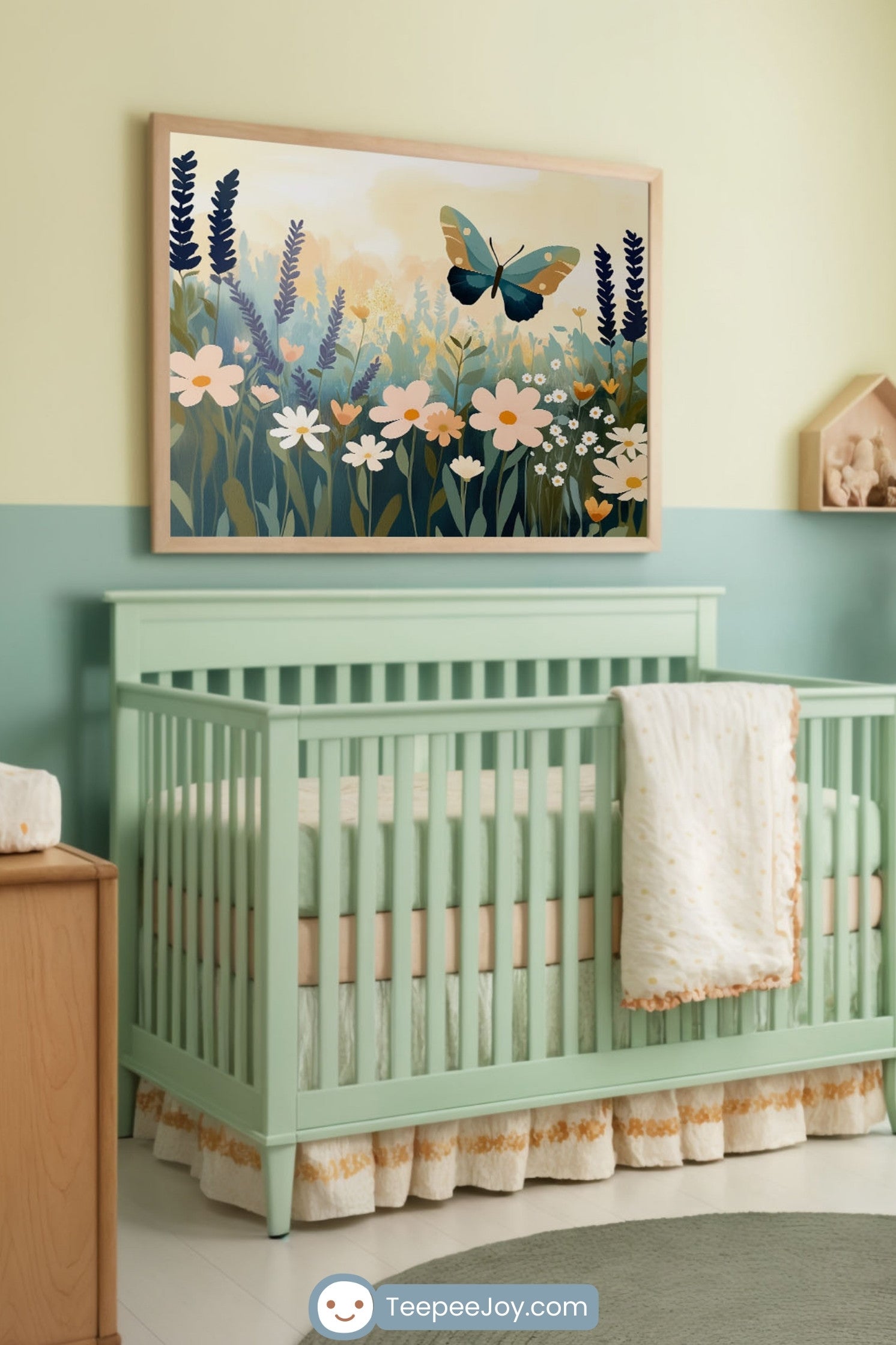 Charming nursery with soft green and yellow walls, featuring a mint green crib adorned with delicate bedding and an embroidered blanket. Above the crib hangs a framed painting of a butterfly fluttering over a colorful wildflower field. A cozy white armchair with peach and cream accents, sheer curtains with embroidered flowers, and natural wood furniture create a warm and inviting space with a nature-inspired theme.