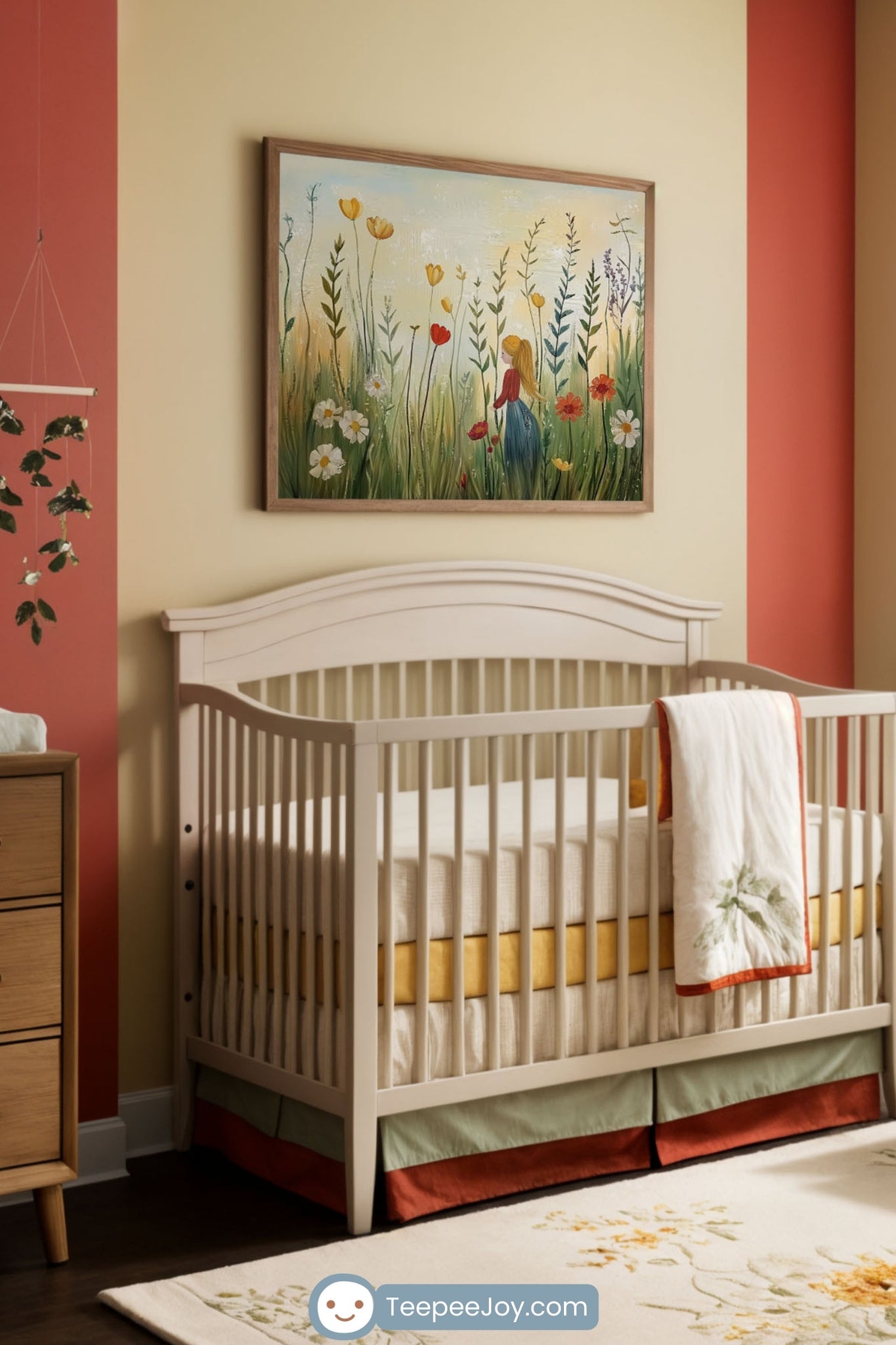 Warm and inviting nursery featuring a neutral-toned crib with golden yellow and sage green bedding, set against a beige and terracotta accent wall. Above the crib hangs a framed painting of a young girl standing amidst tall wildflowers, adding a whimsical and nature-inspired touch. A cozy sage green armchair with rust and mustard-colored accents, a floral area rug, wooden furniture, and soft natural lighting create a comforting and stylish space.