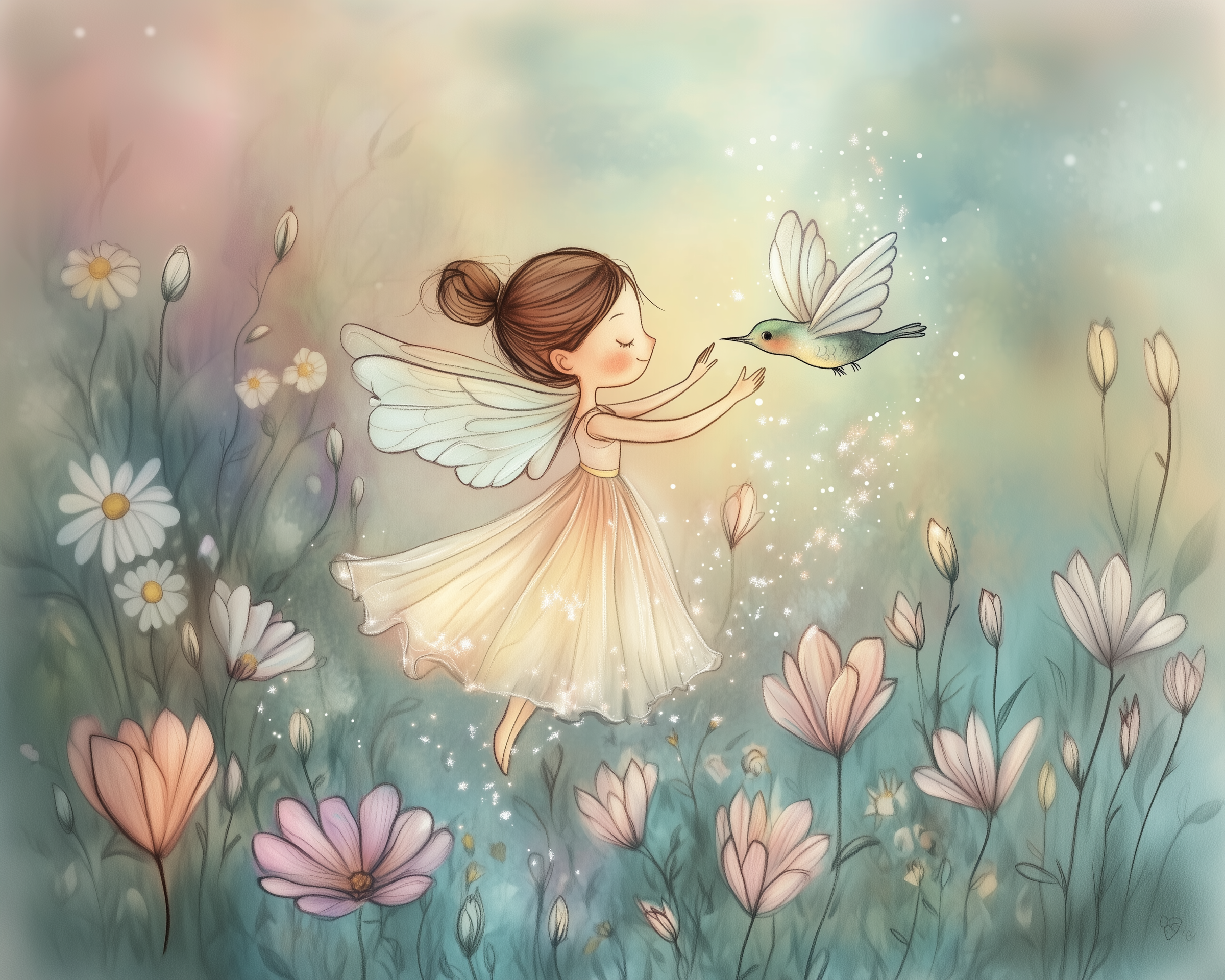 Whimsical Fairy and Hummingbird Wall Art for Nursery, Playroom or Kids Bedrooms - Enchanting Floral Fantasy - Flutterlight