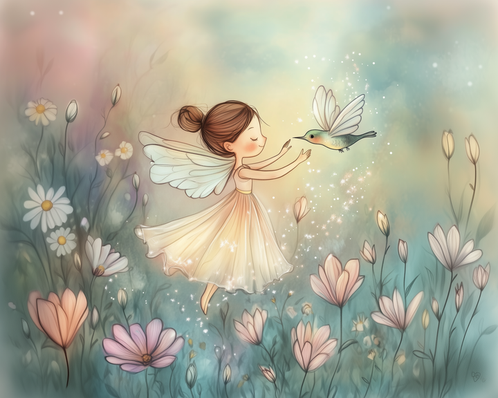 A delicate fairy with light wings and a flowing peach dress floats gracefully among blooming wildflowers, reaching out to a glowing hummingbird. Sparkles fill the air around them, creating a soft, magical moment in a dreamy pastel meadow.
