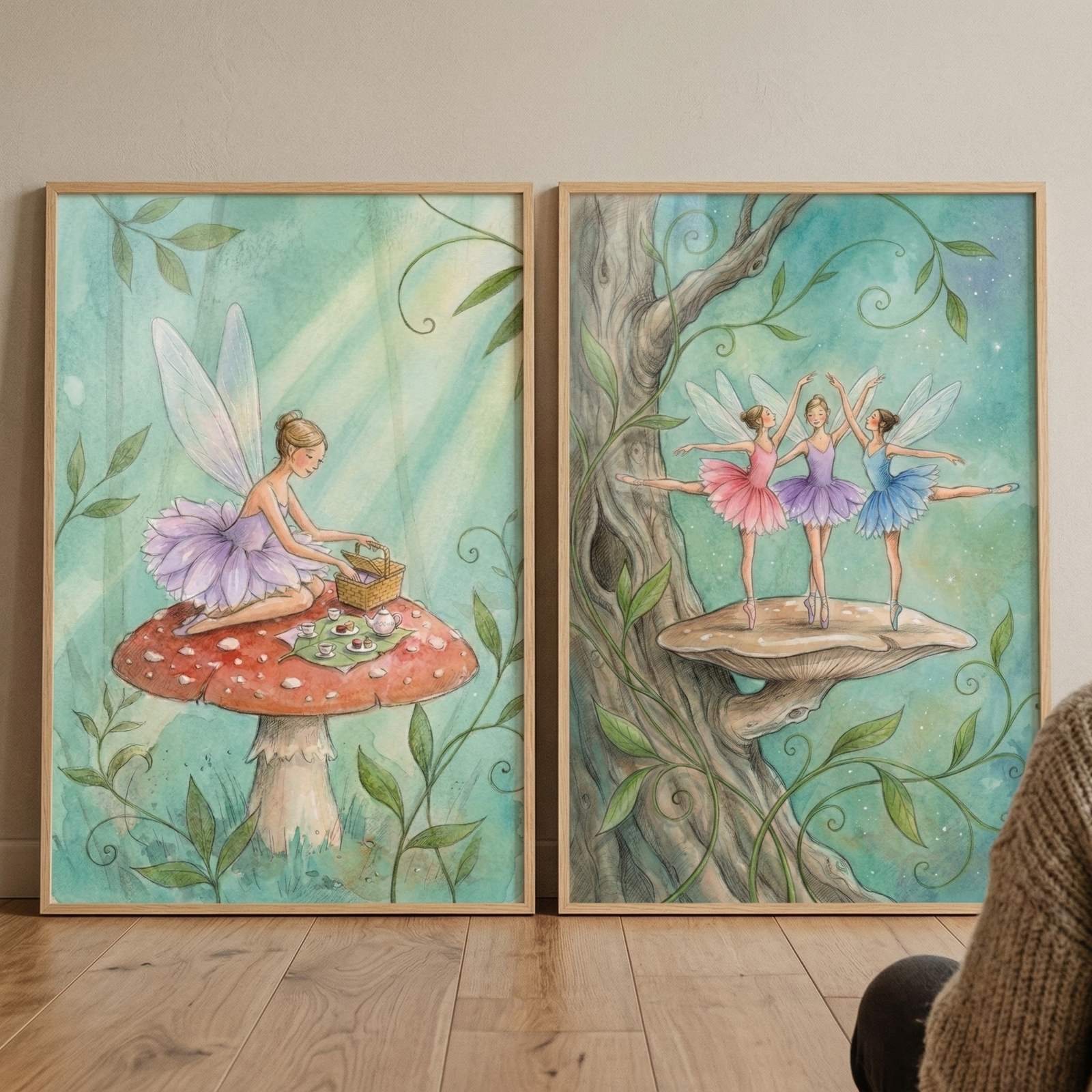 Two framed illustrations of whimsical scenes are displayed side-by-side. On the left, a fairy with translucent wings and a light purple tutu sits atop a large red mushroom with white spots, enjoying a picnic with a small tea set. On the right, three fairies in pink, lavender, and blue tutus perform a ballet dance on a large shelf fungus growing from a gnarled tree trunk. Both artworks feature a soft watercolor style with delicate foliage and gentle, ethereal lighting, set within light wood frames.