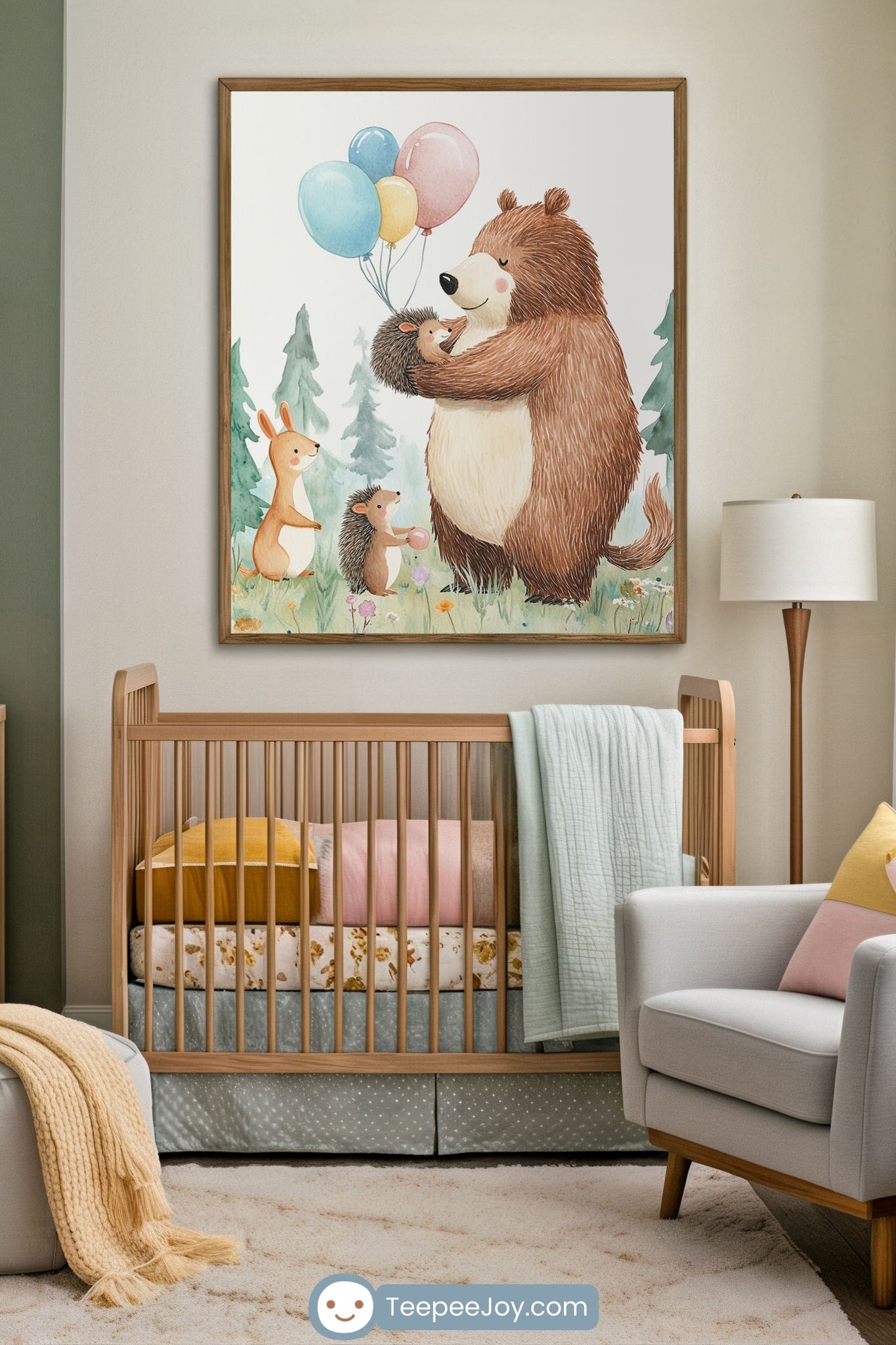Nursery with a natural wood crib and soft pastel bedding, set beneath a cheerful wall art of a bear holding a baby hedgehog and balloons, surrounded by a bunny, another hedgehog, and forest trees. The room includes a comfy chair, floor lamp, and calming green and beige tones for a woodland-inspired atmosphere.