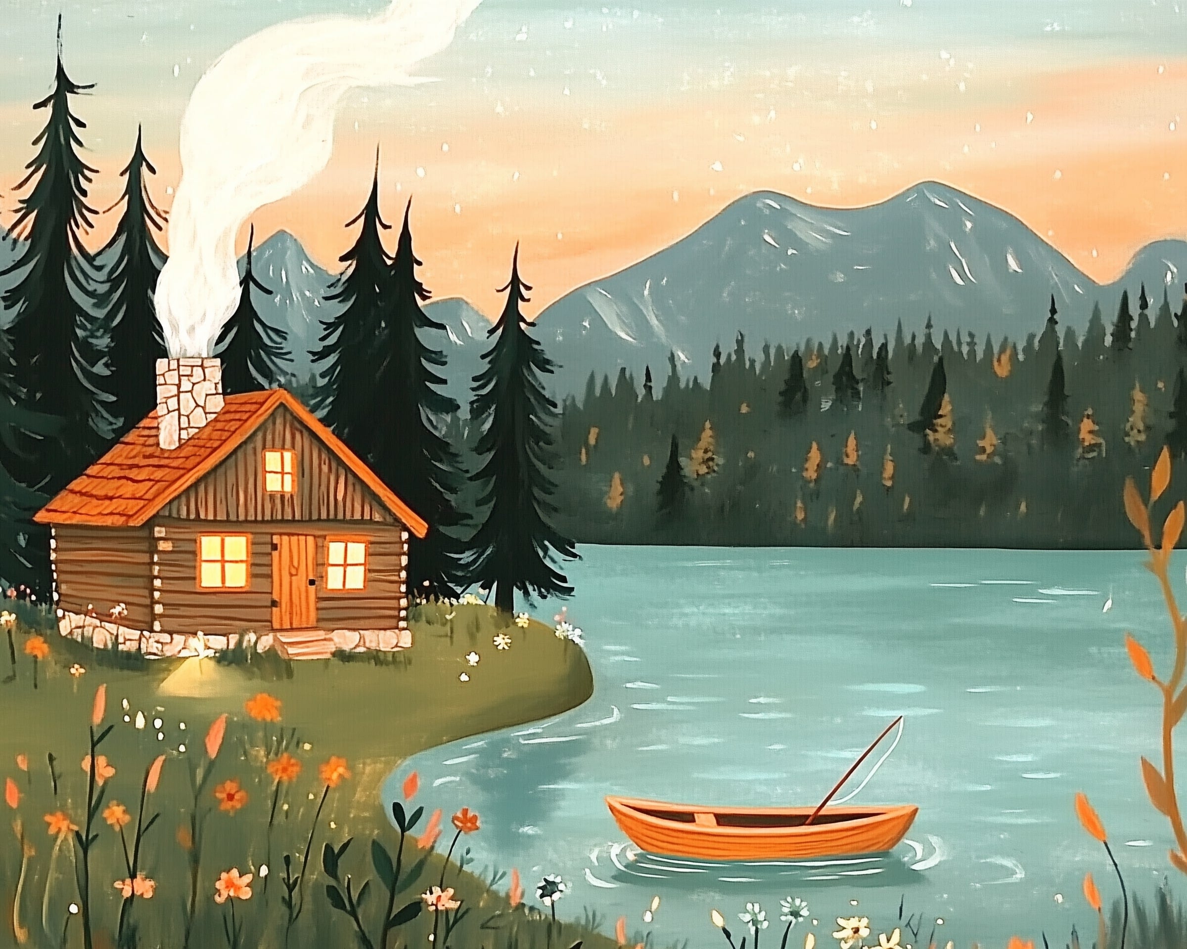 A cozy cabin with glowing windows sits by a tranquil lake, surrounded by tall pine trees and wildflowers. Smoke gently rises from the chimney into the soft, pastel-colored sky, with mountains in the background. A small wooden boat floats on the water nearby.